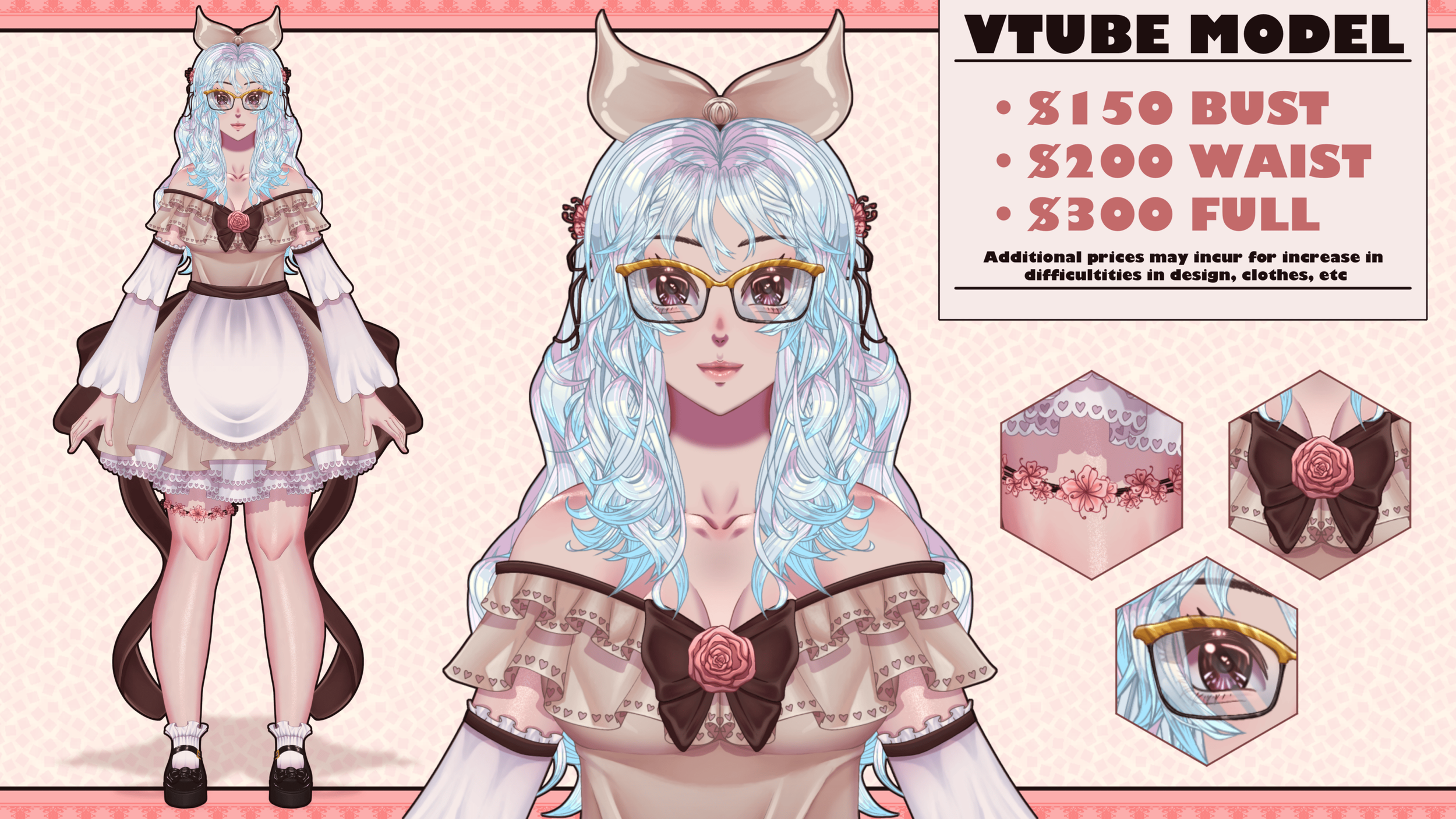 Full body Vtuber model made for OriHinodeEN, a white haired girl wearing a cafe inspired dress.  Drawn by Dismay_by_Dre.