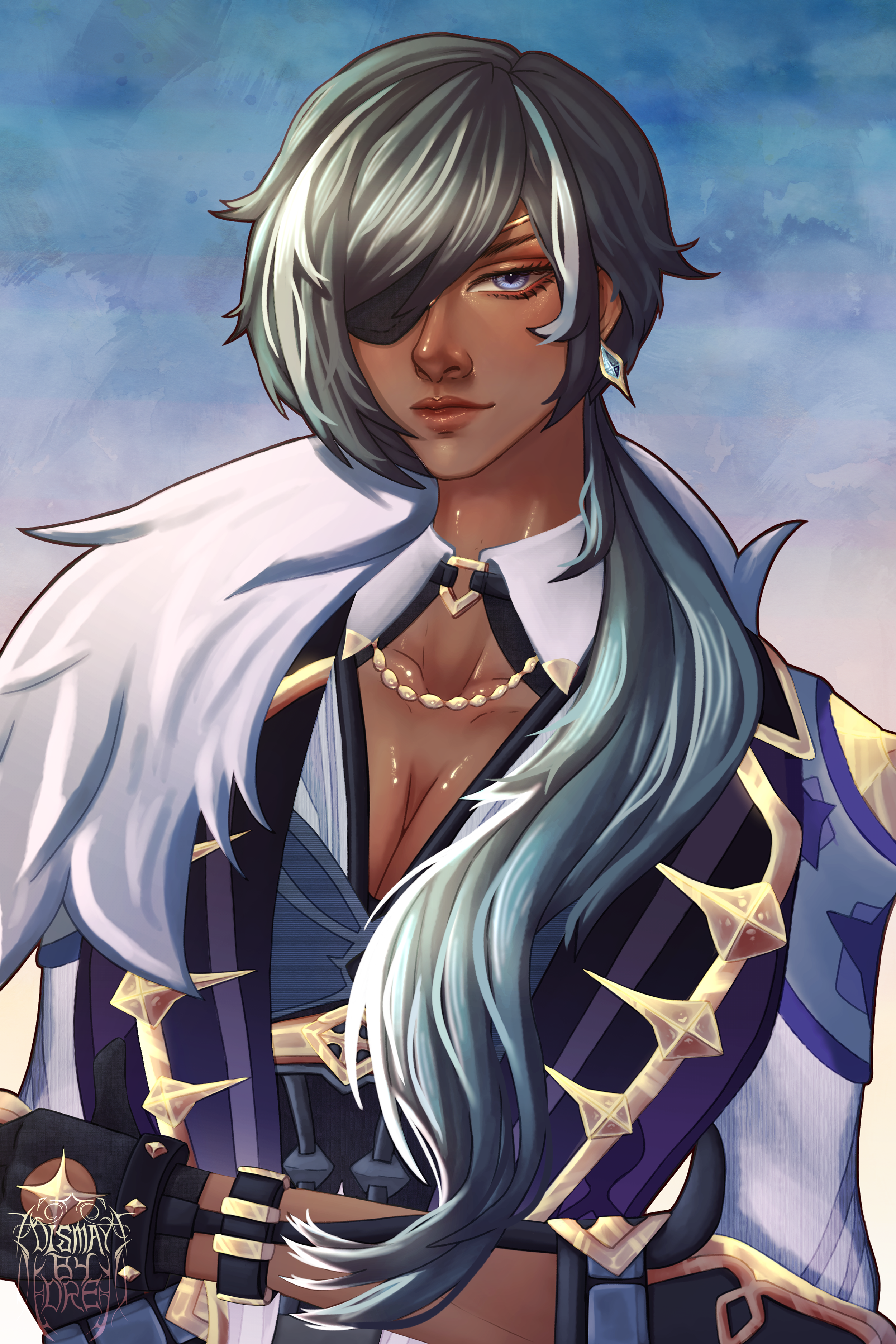 Fanart of Kaeya from Genshin Impact, arms folded and sunset in the back. Drawn by Dismay_by_Dre.