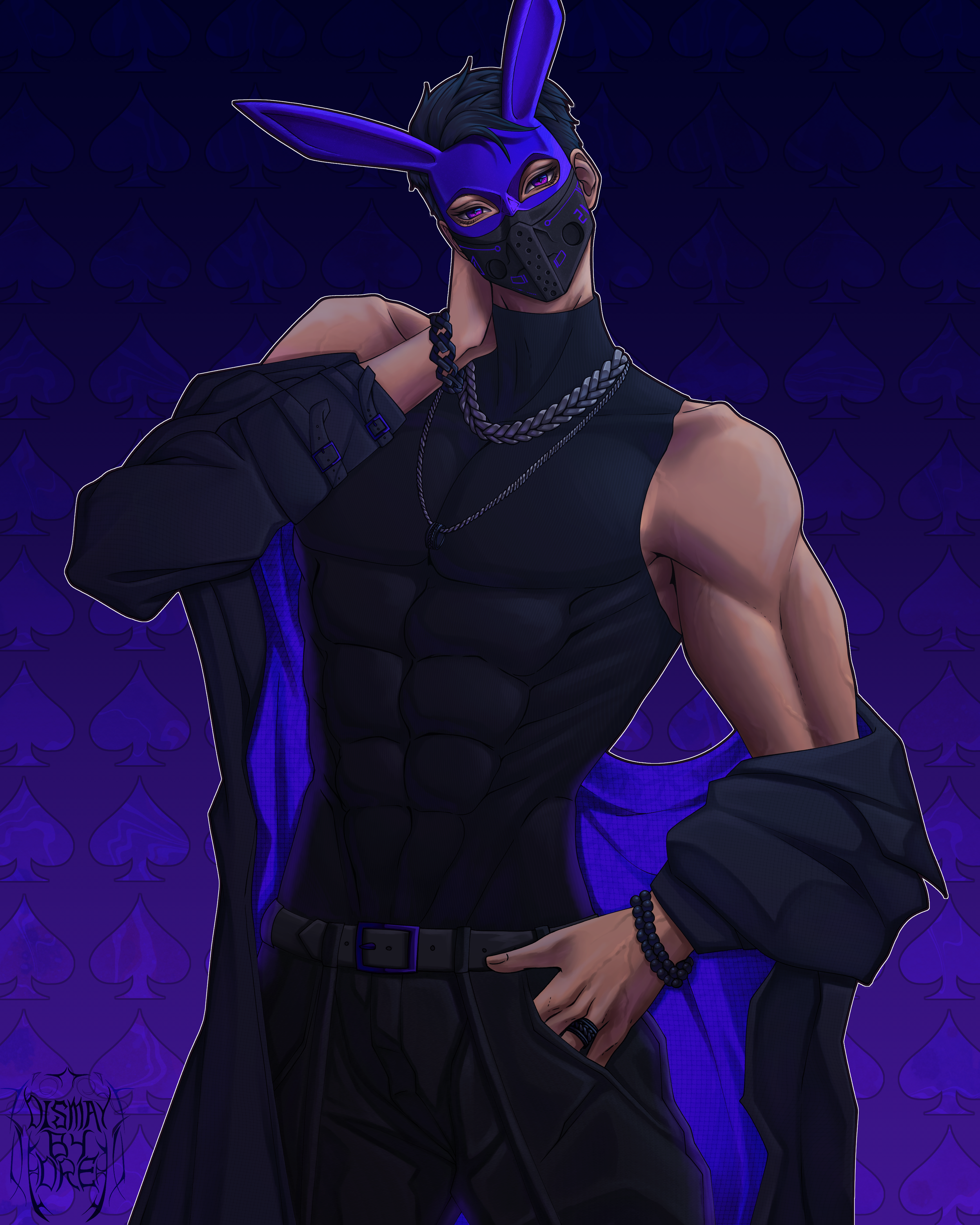 A commissioned piece by Blxck_Jxck, him posing in his masked outfit. Drawn by Dismay_by_Dre.