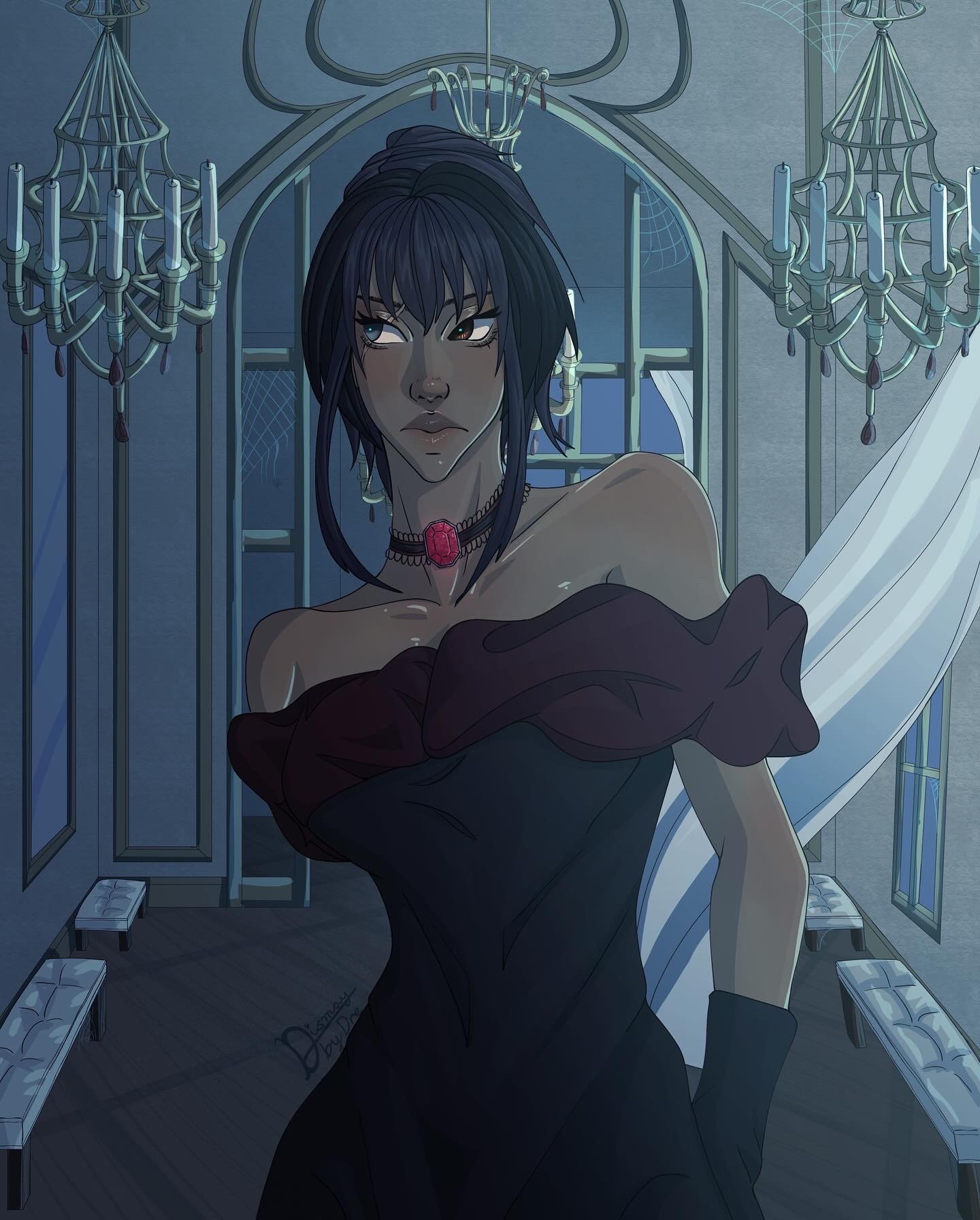 A woman, Lavinia, wearing a dress in an abandoned mansion. Drawn by Dismay_by_Dre.
