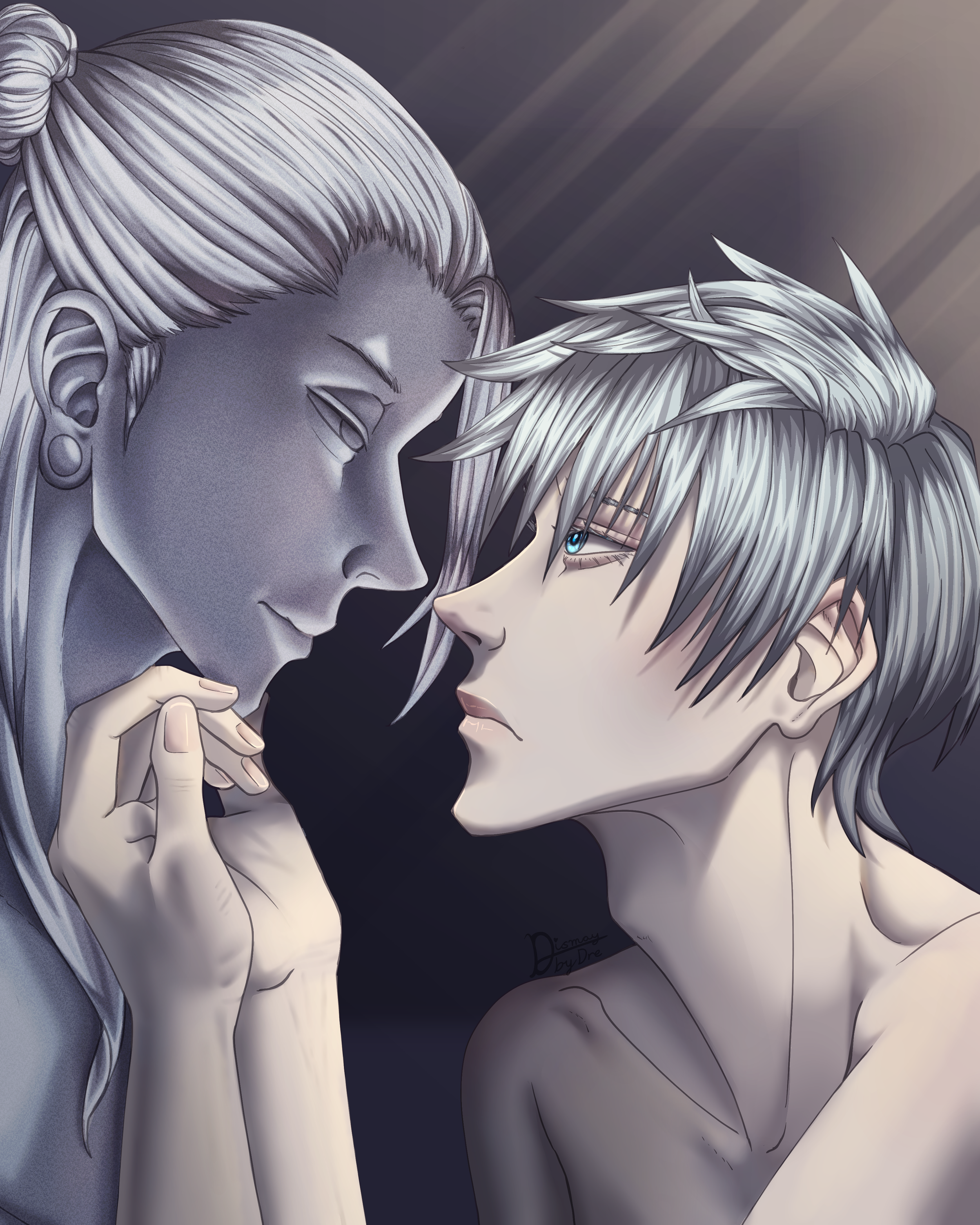 Fanart of Gojo and Geto, Gojo looking sorrowful at Geto’s statue. Drawn by Dismay_by_Dre.