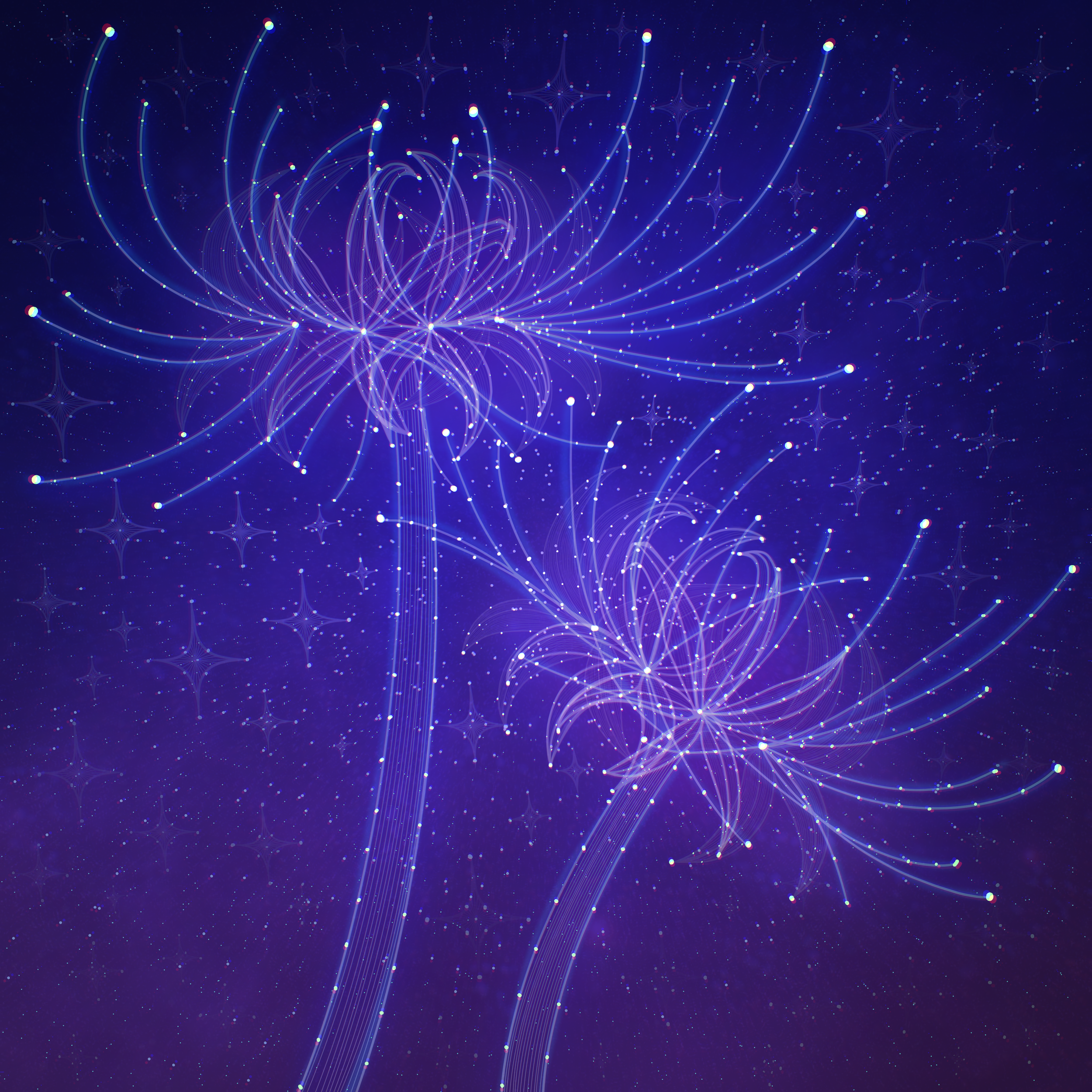 Commissioned piece by Blxck_Jxck, two spider lilies etched out in the sky. Drawn by Dismay_by_Dre.