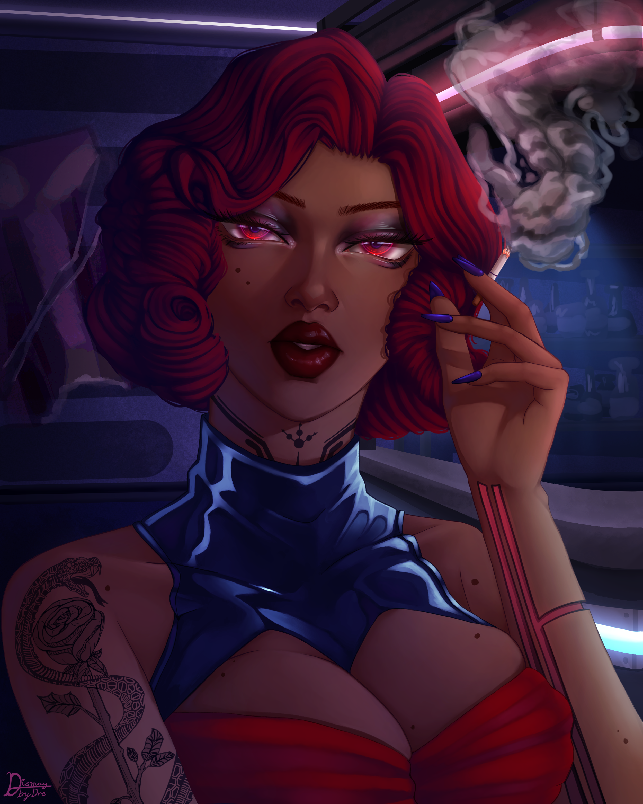 A woman holding a cigarette at a cyberpunk bar. Drawn by Dismay_by_Dre.