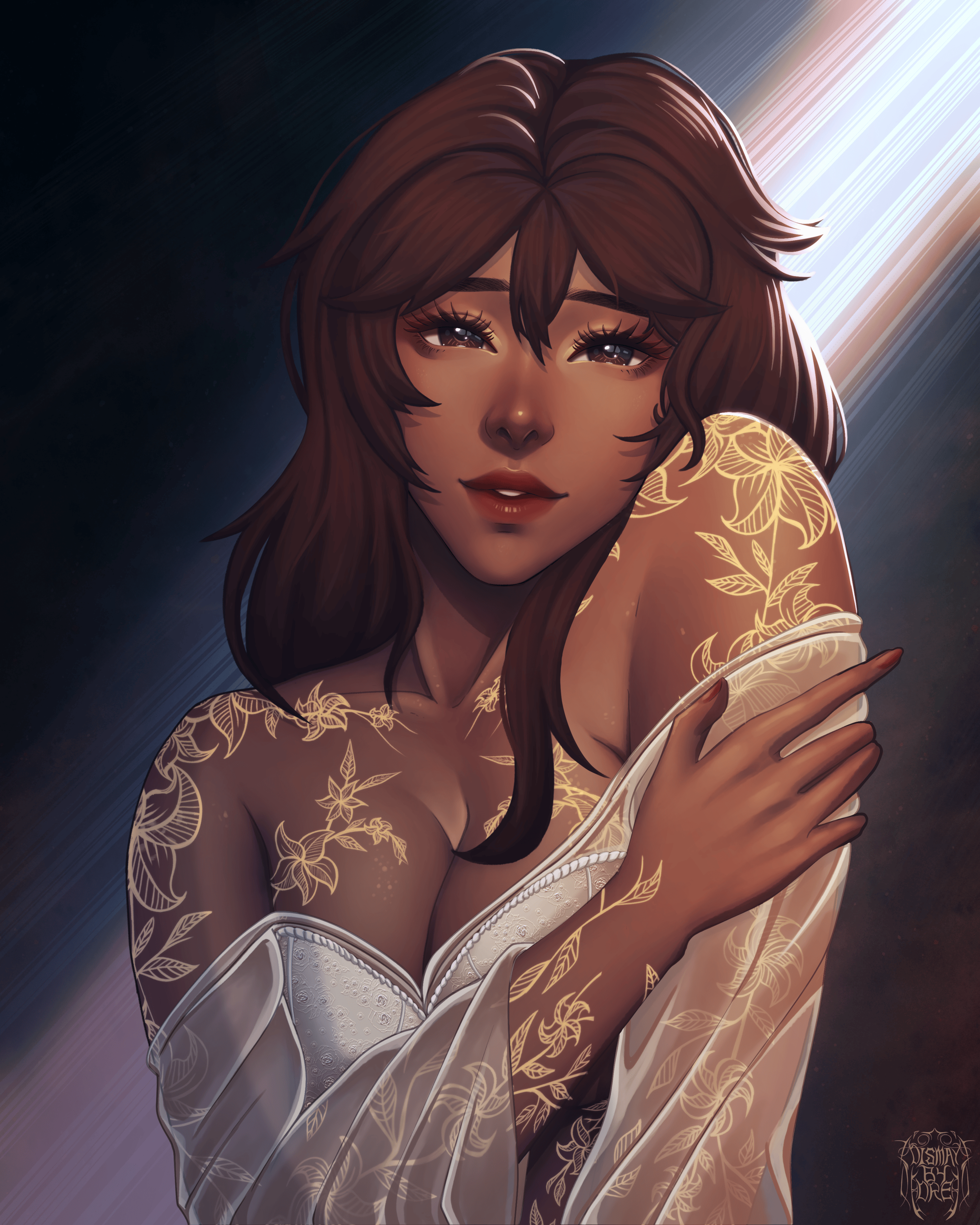 A woman wearing a sheer top with the sun shining down on her. Drawn by Dismay_by_Dre.