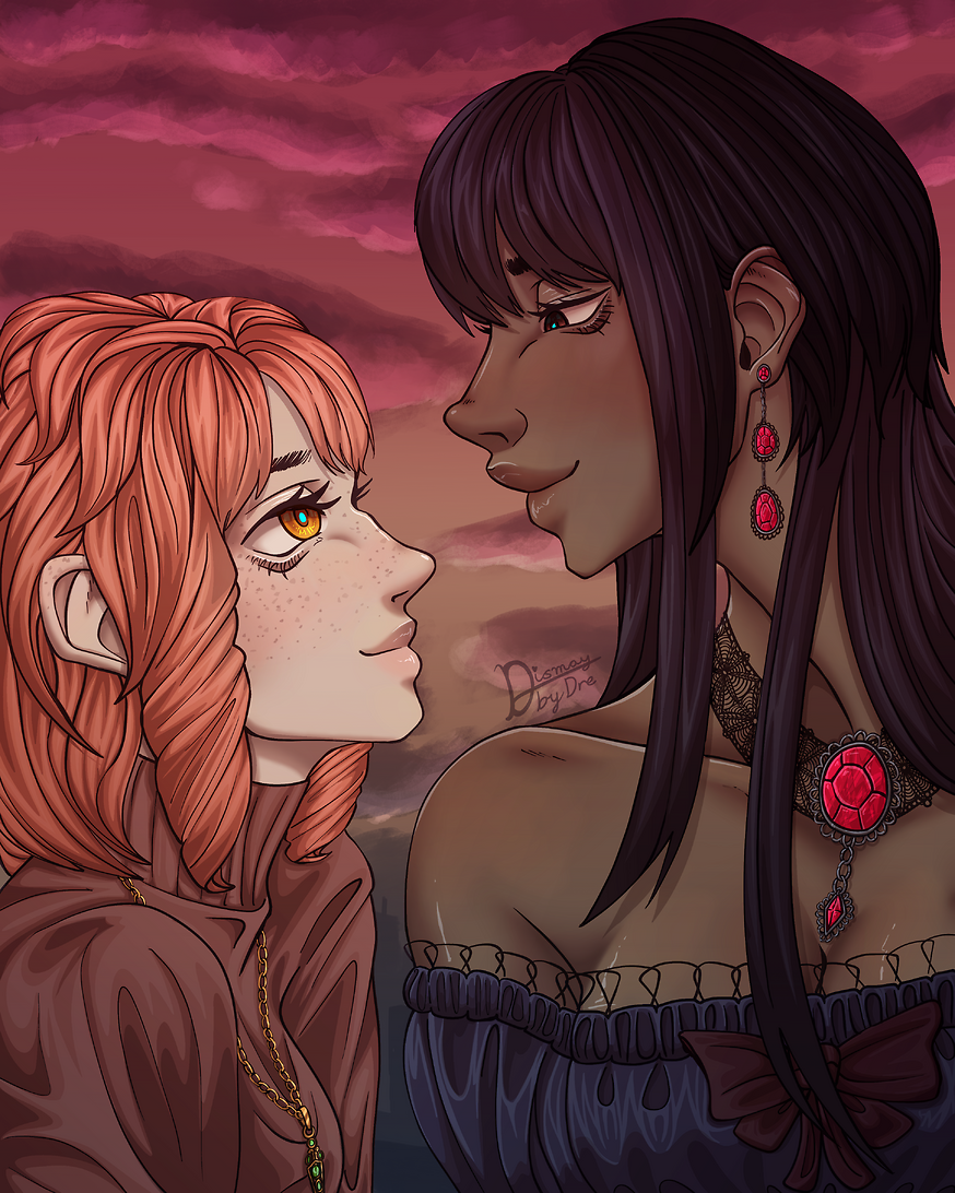 A couple, Lavinia and Christina, out on a walk in the sunset looking long-fully at one another. Drawn by Dismay_by_Dre.
