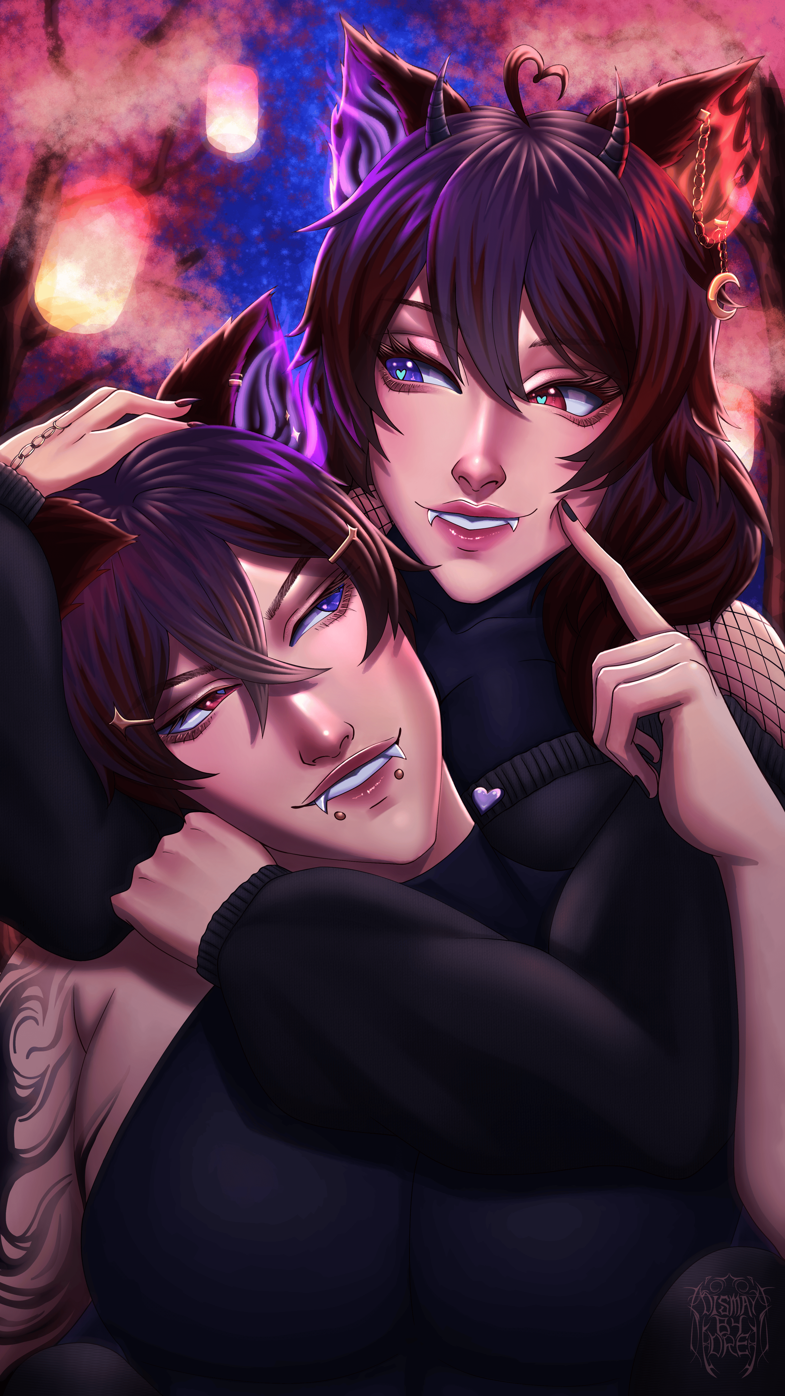 Commissioned piece by SillyLilyVT, them and their gender swapped character hugging. Drawn by Dismay_by_Dre.