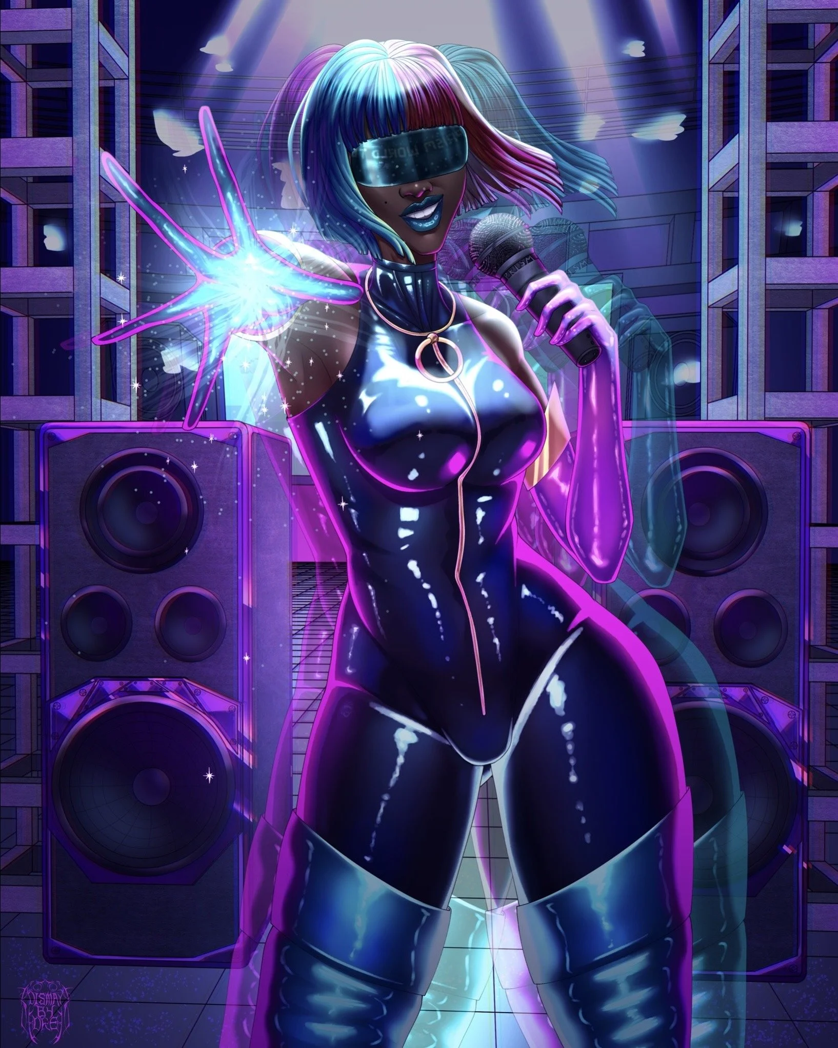 Fanart of Prism from Dispatch, she is on a stage performing while her hand is reaching out. Drawn by Dismay_by_Dre.
