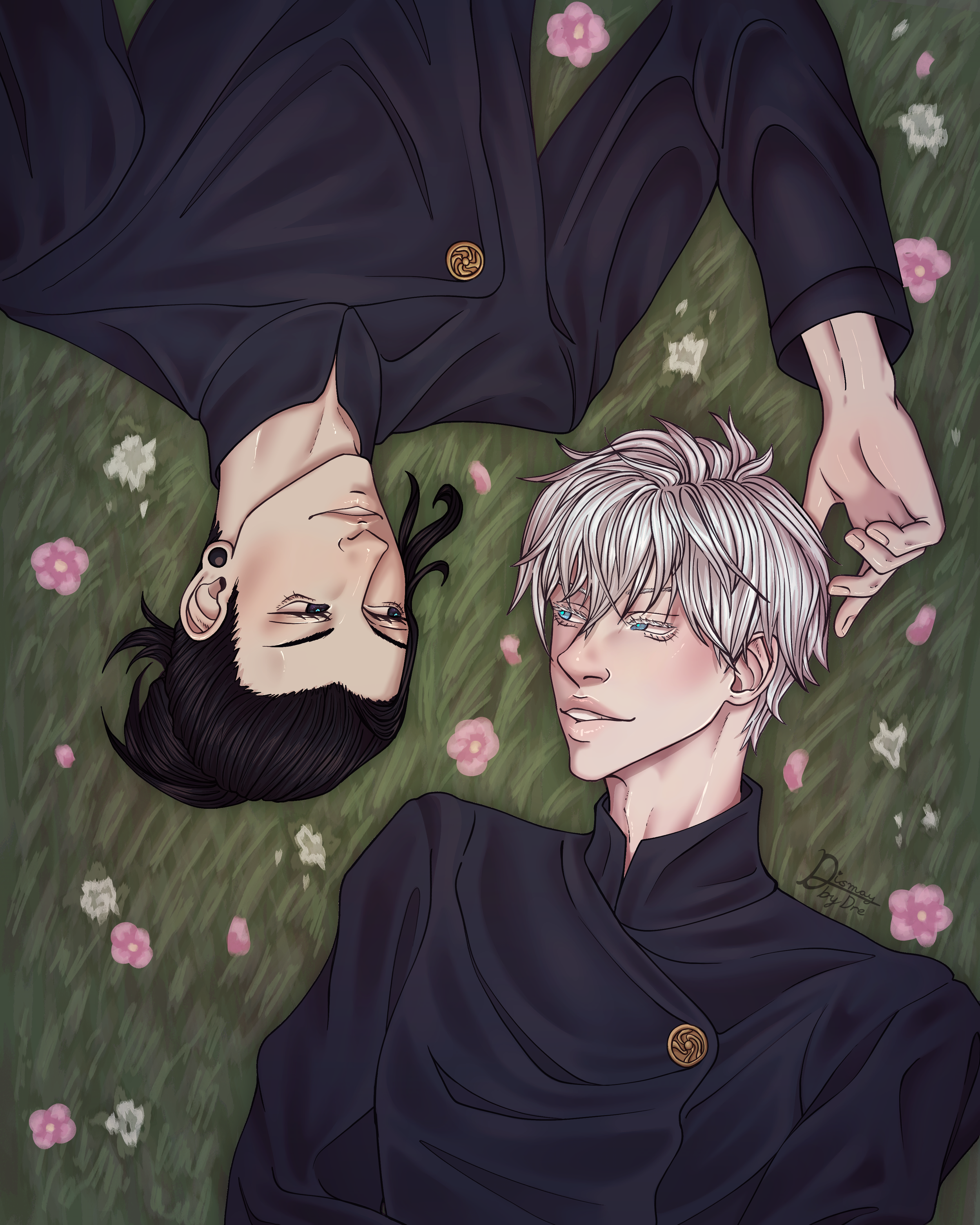 Fanart of Teenage Gojo and Geto lying in a grass field looking at each other. Drawn by Dismay_by_Dre.