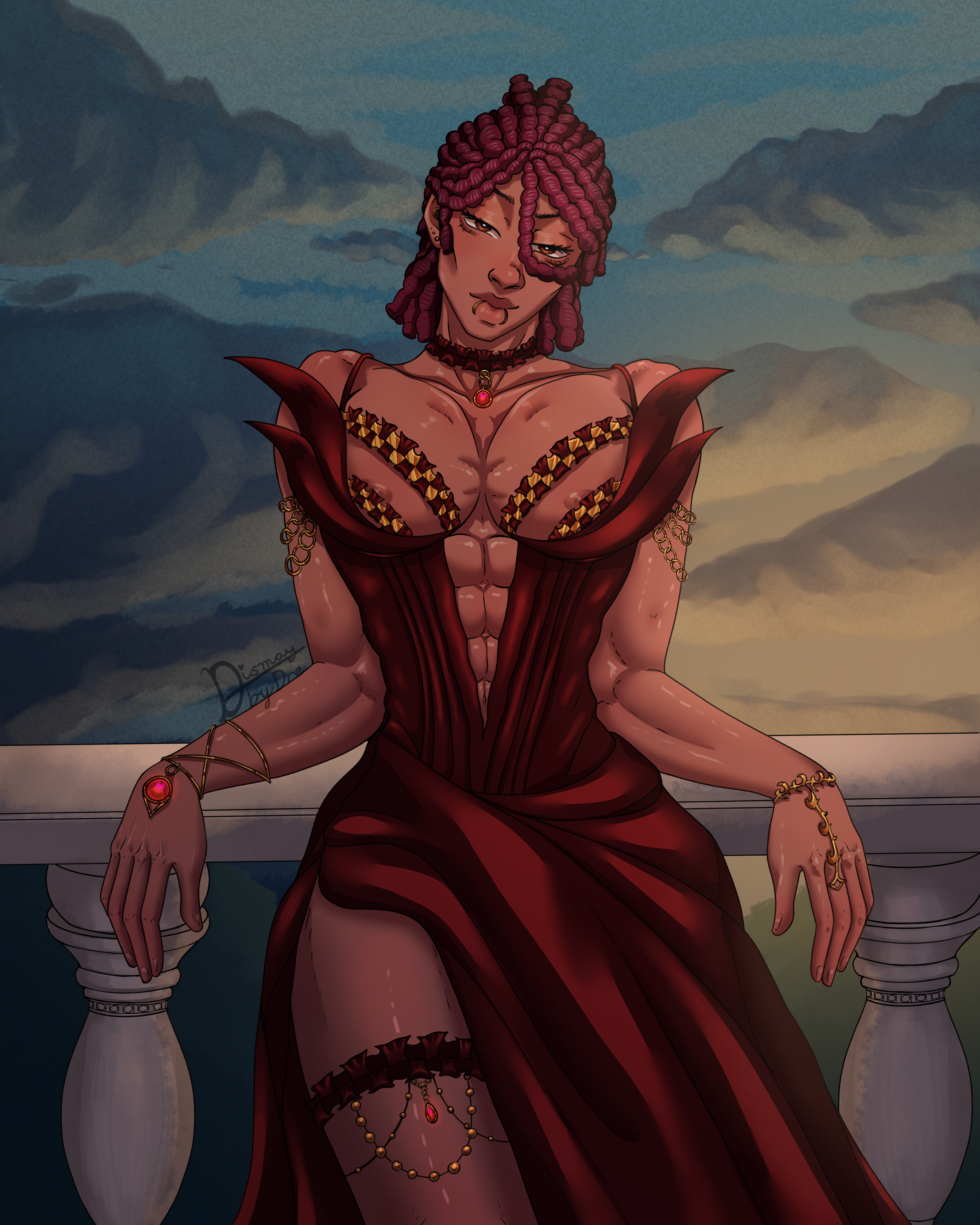 A man, Adonis, wearing a seductive dress while resting on a balcony. Drawn by Dismay_by_Dre.