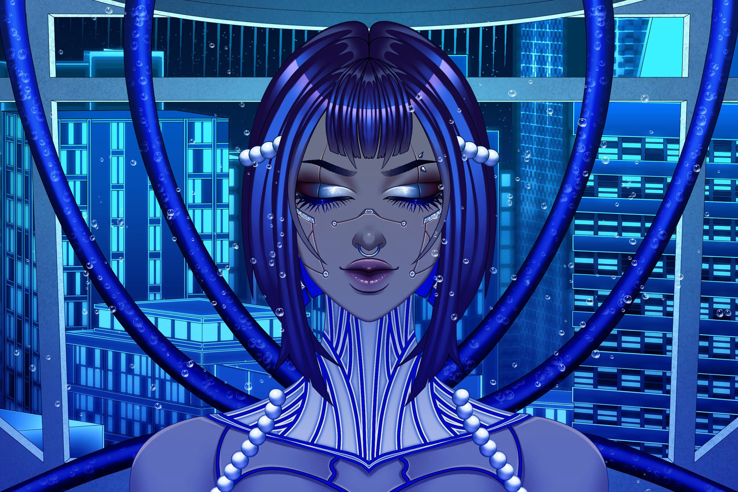 A woman, Dismay, is connected to a liquid tank and resting while Cyber City is in the background. Drawn by Dismay_by_Dre.