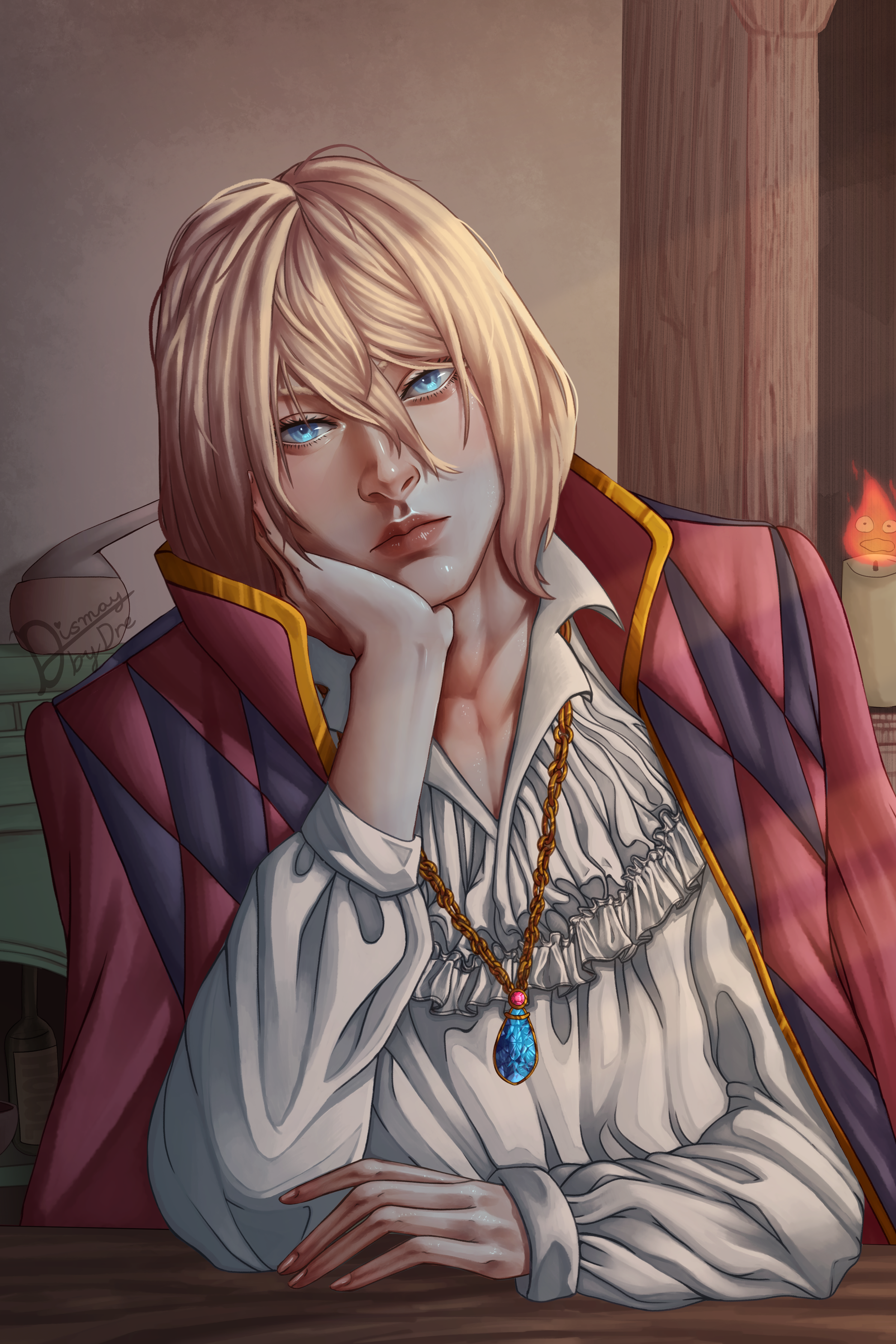Fanart of Howl Pendragon from Howl's Moving Castle, he is in his living room, sitting at the table, and his hand rests on his chin. Drawn by Dismay_by_Dre. 