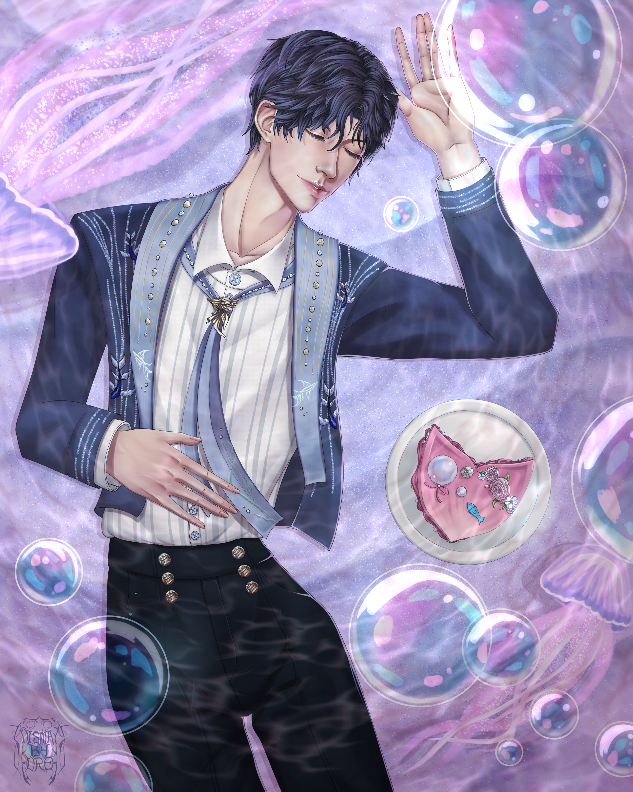 Fanart of Raphael, laying on the ocean floor next to his birthday cake and wearing his birthday outfit. Drawn by Dismay_by_Dre.