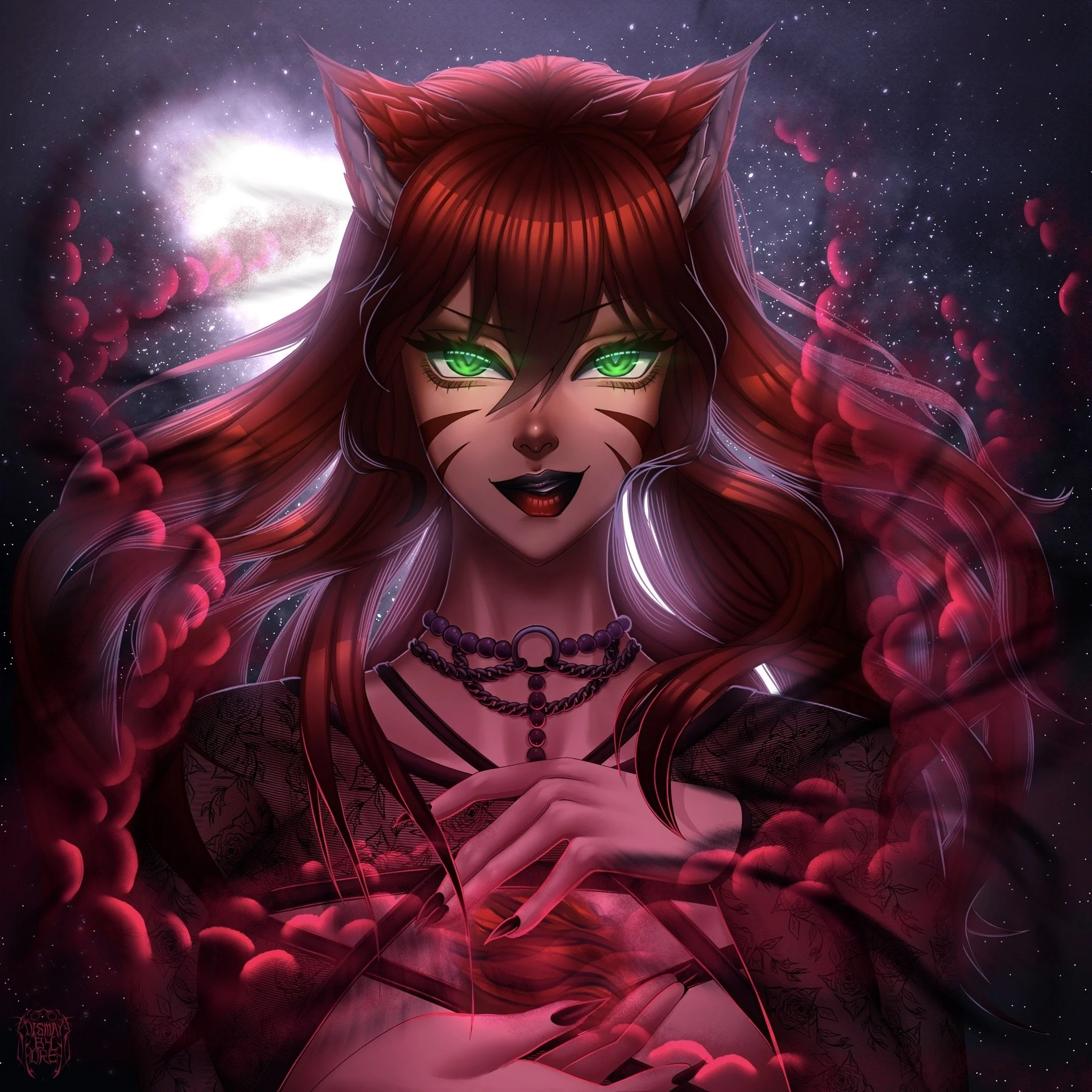 A woman, Nomi, conjuring up red magic and a galaxy is behind her. Drawn by Dismay_by_Dre.