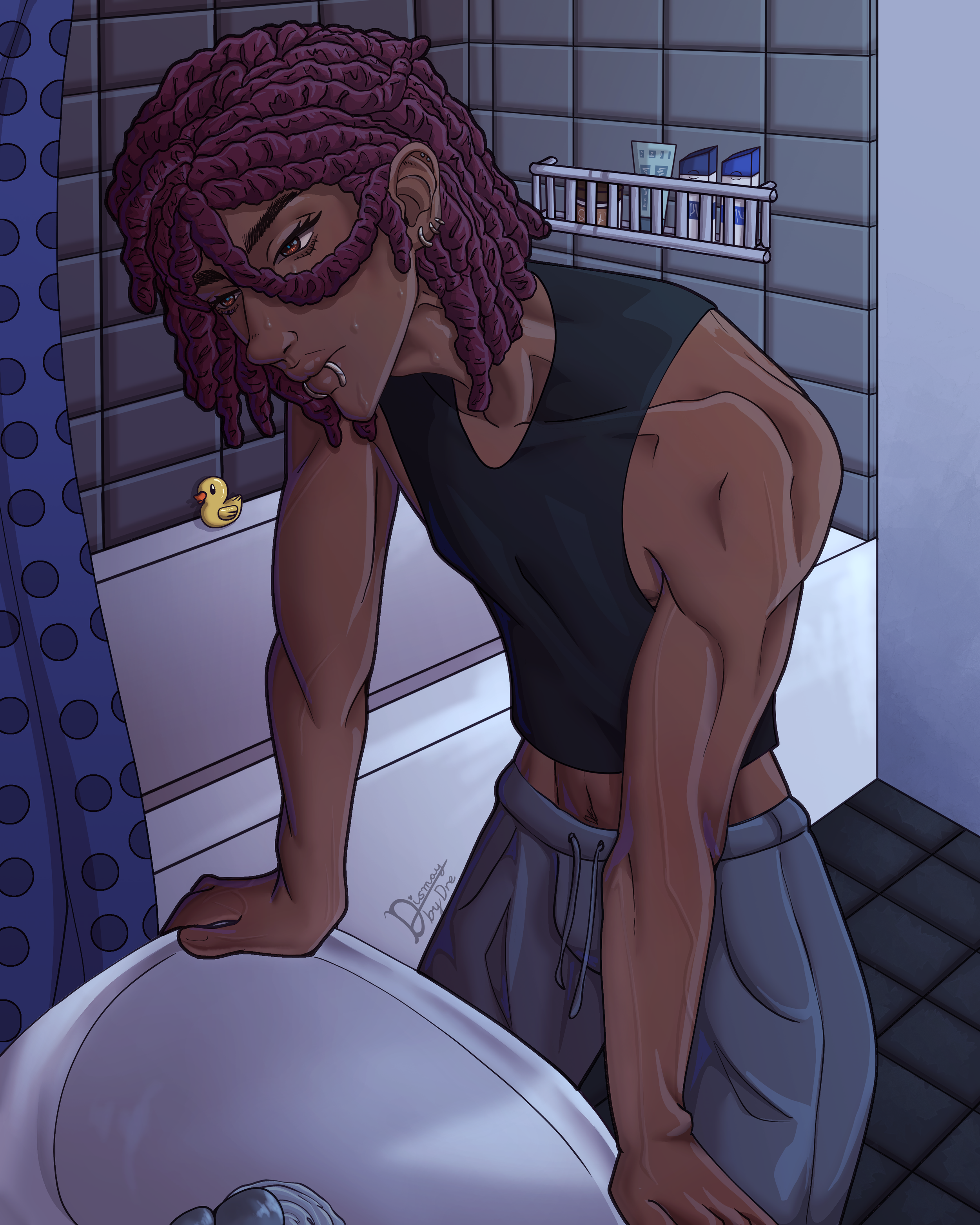 A man, Adonis, looking at himself in the mirror. Drawn by Dismay_by_Dre.