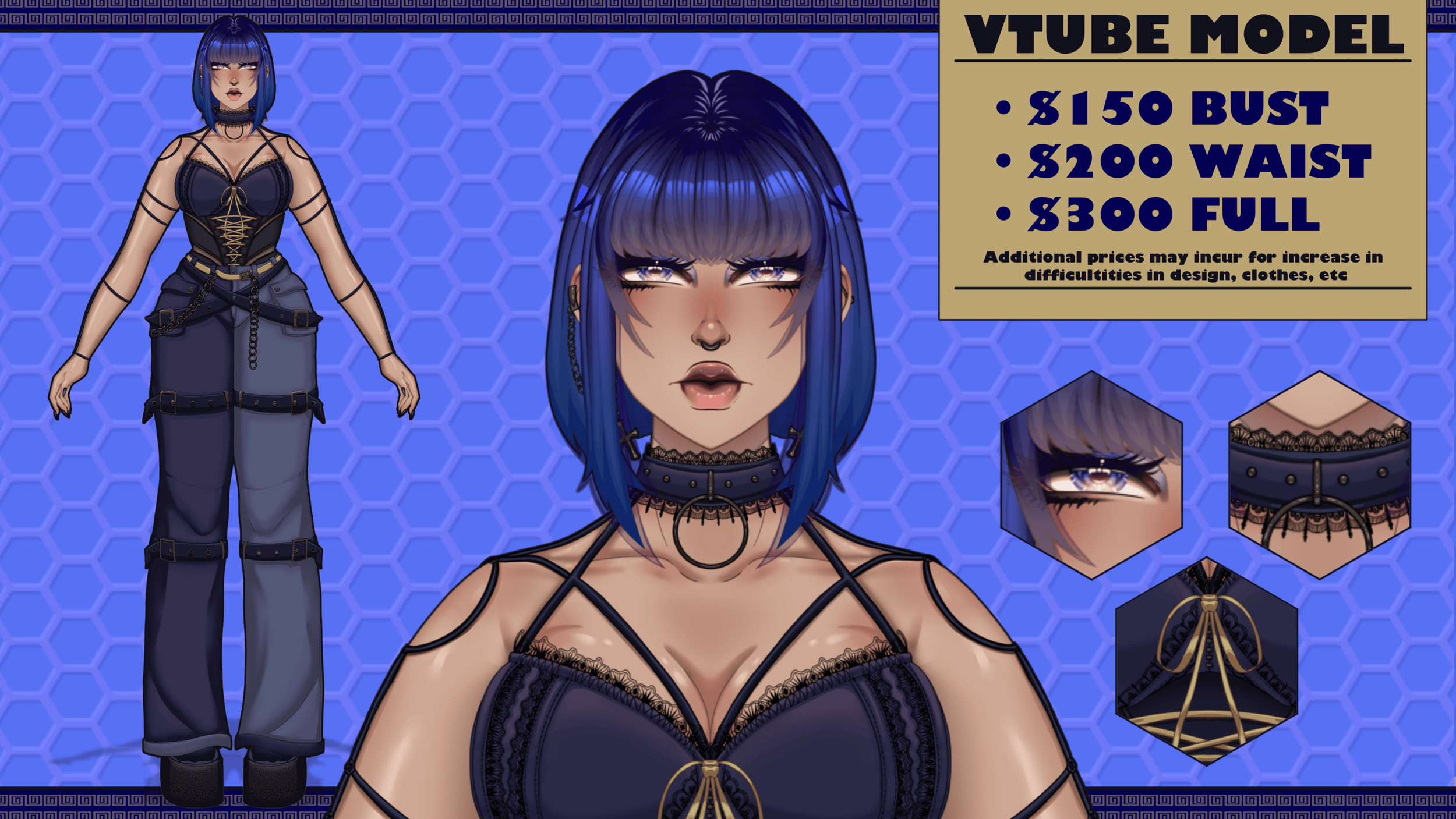 Full body Vtuber model of Dismay_By_Dre, a woman with a blue bob wearing a blue and black alternative outfit. Drawn by Dismay_by_Dre.