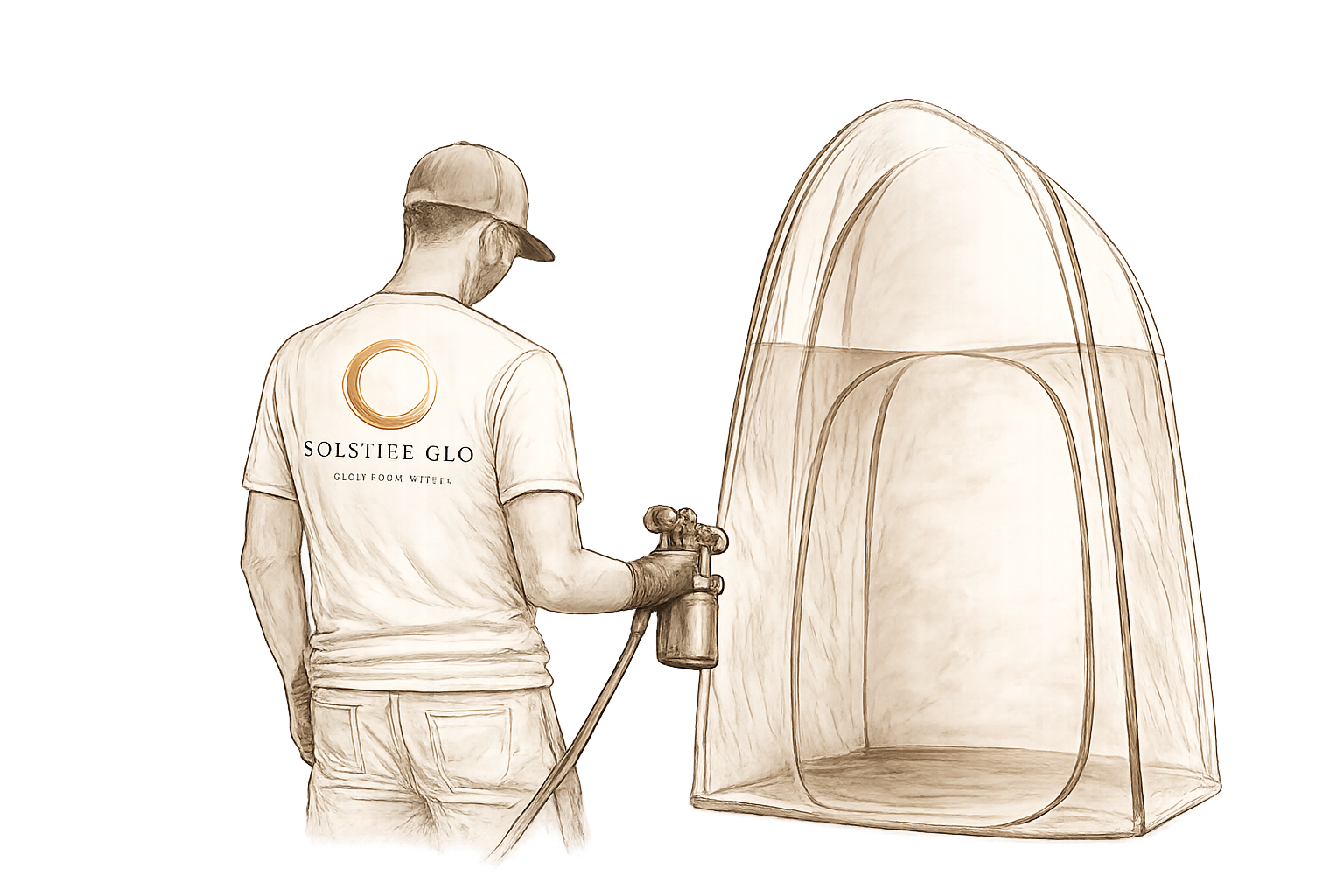 A man wearing a T-shirt with the words "Solstice Glo" and a logo on the back, holding a spray gun, working on a small, transparent tent or shelter.