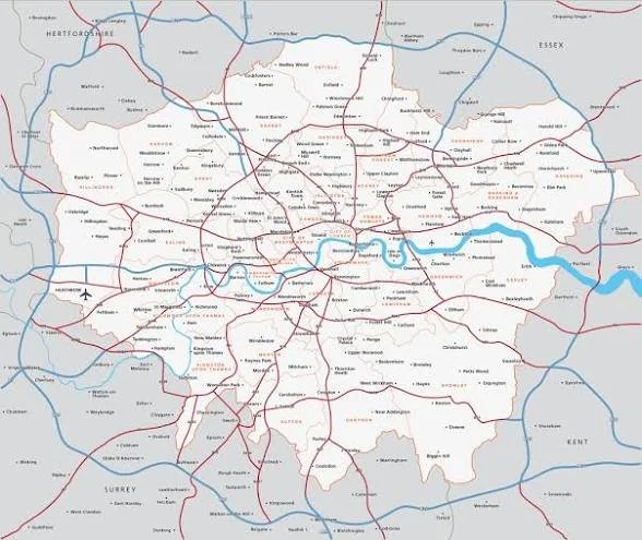 Map of London showing roads, rivers, and borough boundaries.