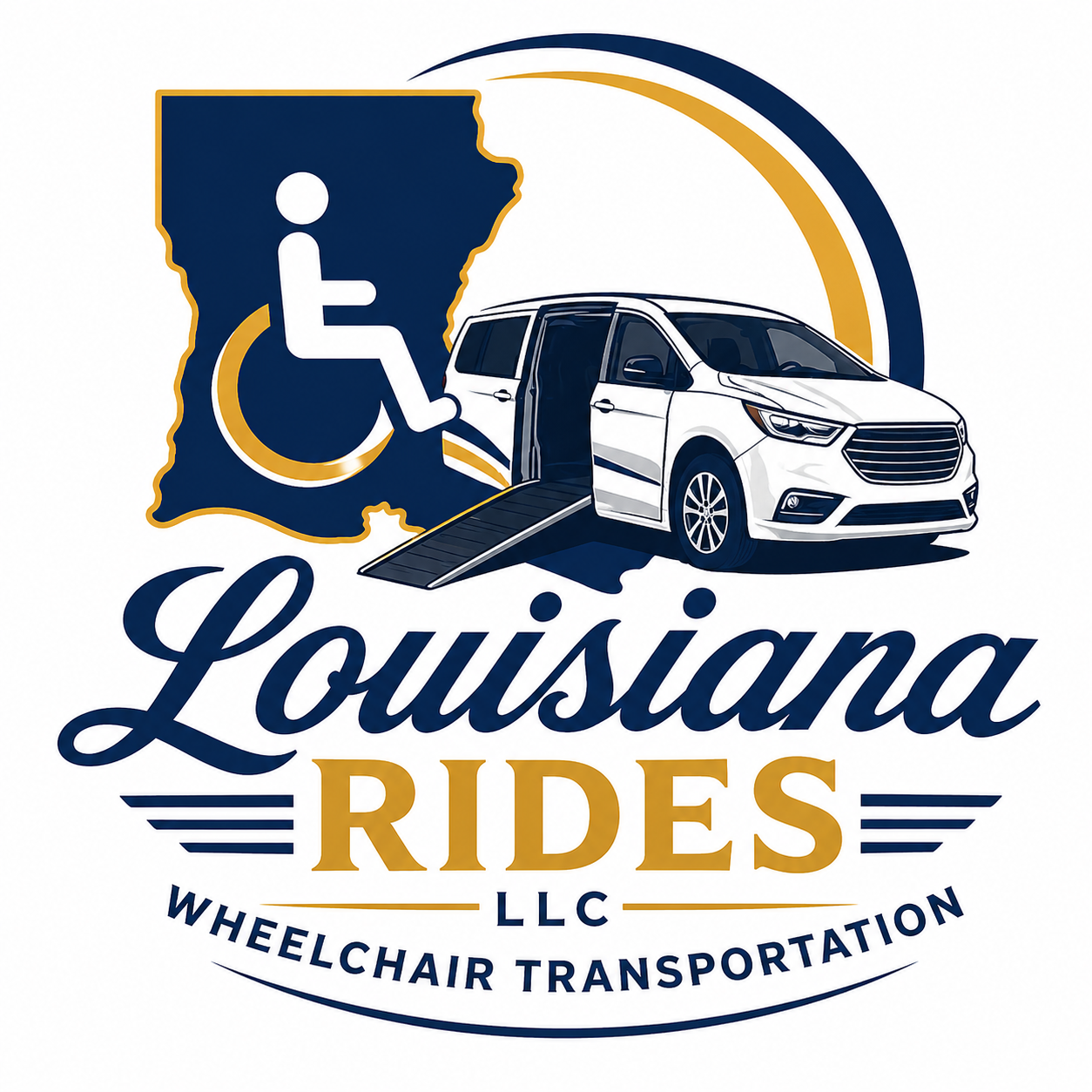 Logo for Louisiana Rides LLC featuring a wheelchair accessibility icon, the shape of Louisiana, a white van with a wheelchair ramp, and the text 'Louisiana Rides LLC Wheelchair Transportation' in blue and gold colors.