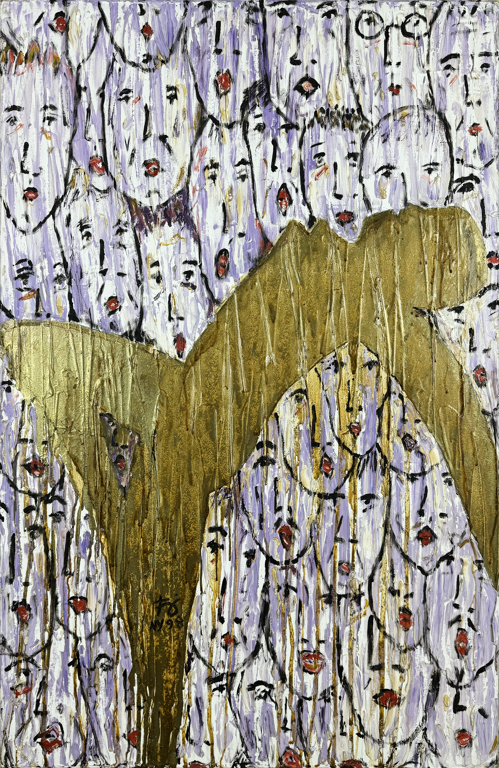 Untitled (Faces series with gold figure over purple)