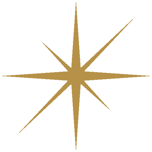 A gold-colored compass rose graphic with eight points on a black background.