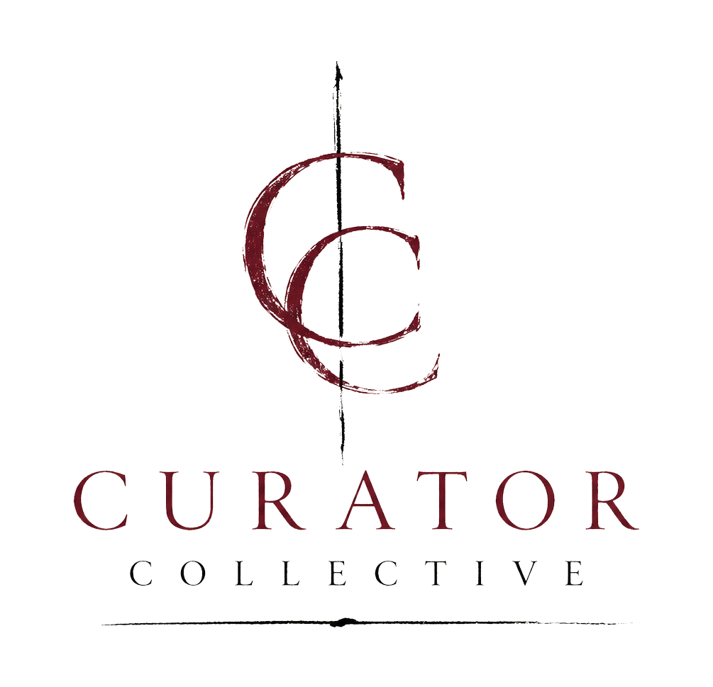 A black background with the words "Curator Collective" in stylized dark red font, featuring a logo with overlapping circles and a vertical line.