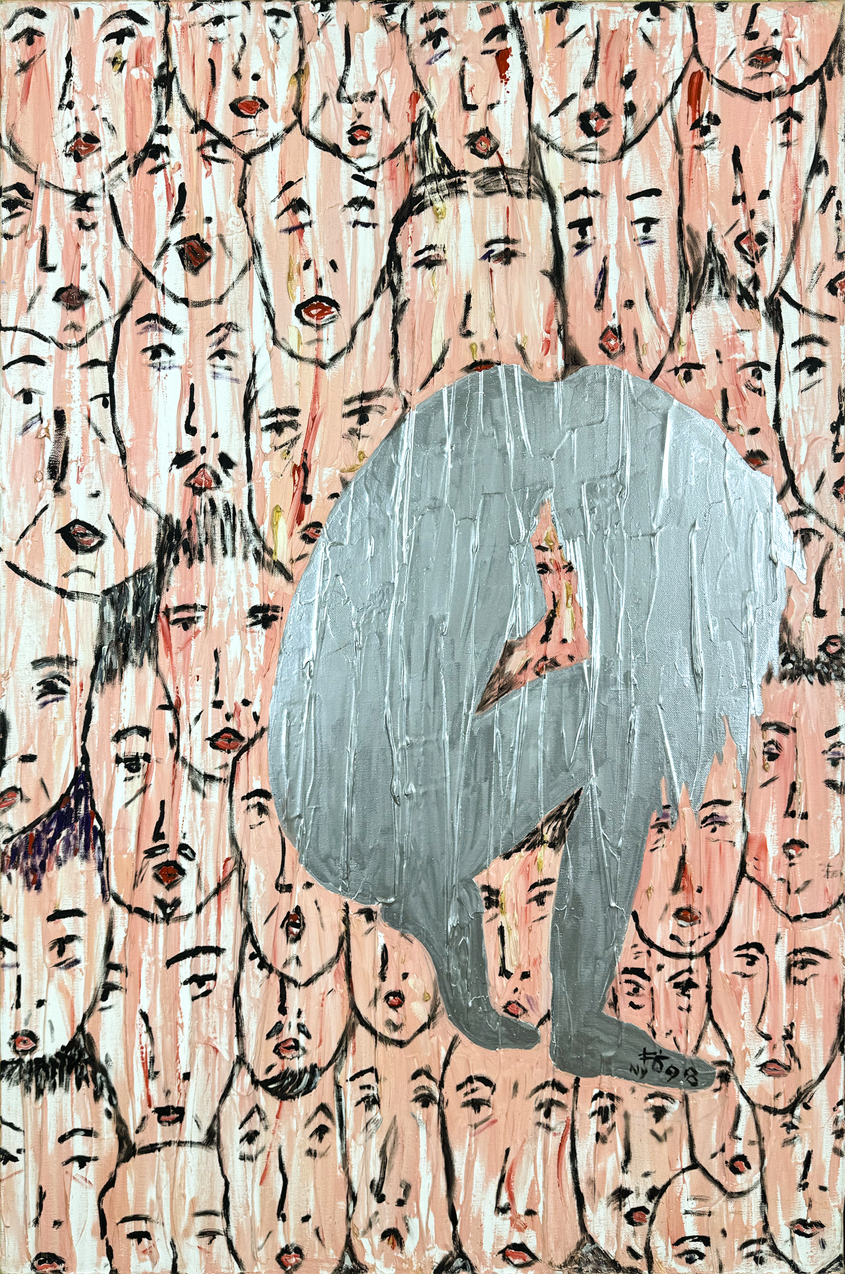 Untitled (Faces Series with Crouched Figure over Pink)