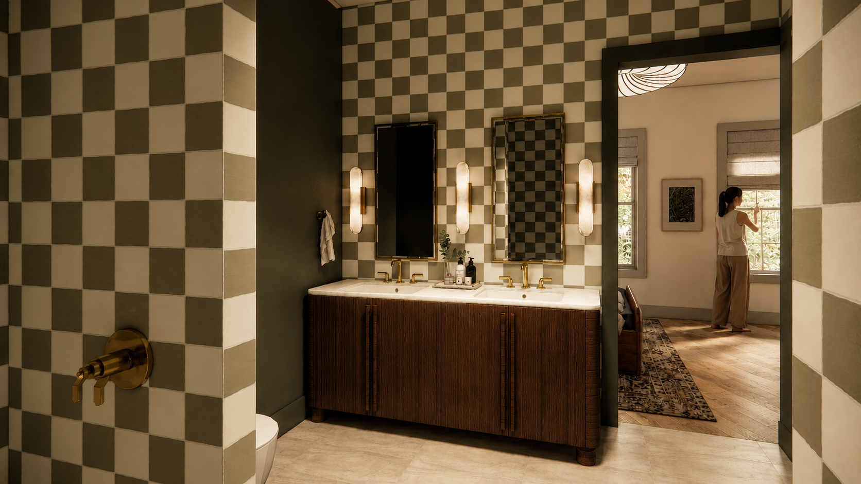 Apartment Bathroom — A calm, accessible retreat with durable finishes, warm wood accents, and carefully planned clearances that support safety, comfort, and independence.
