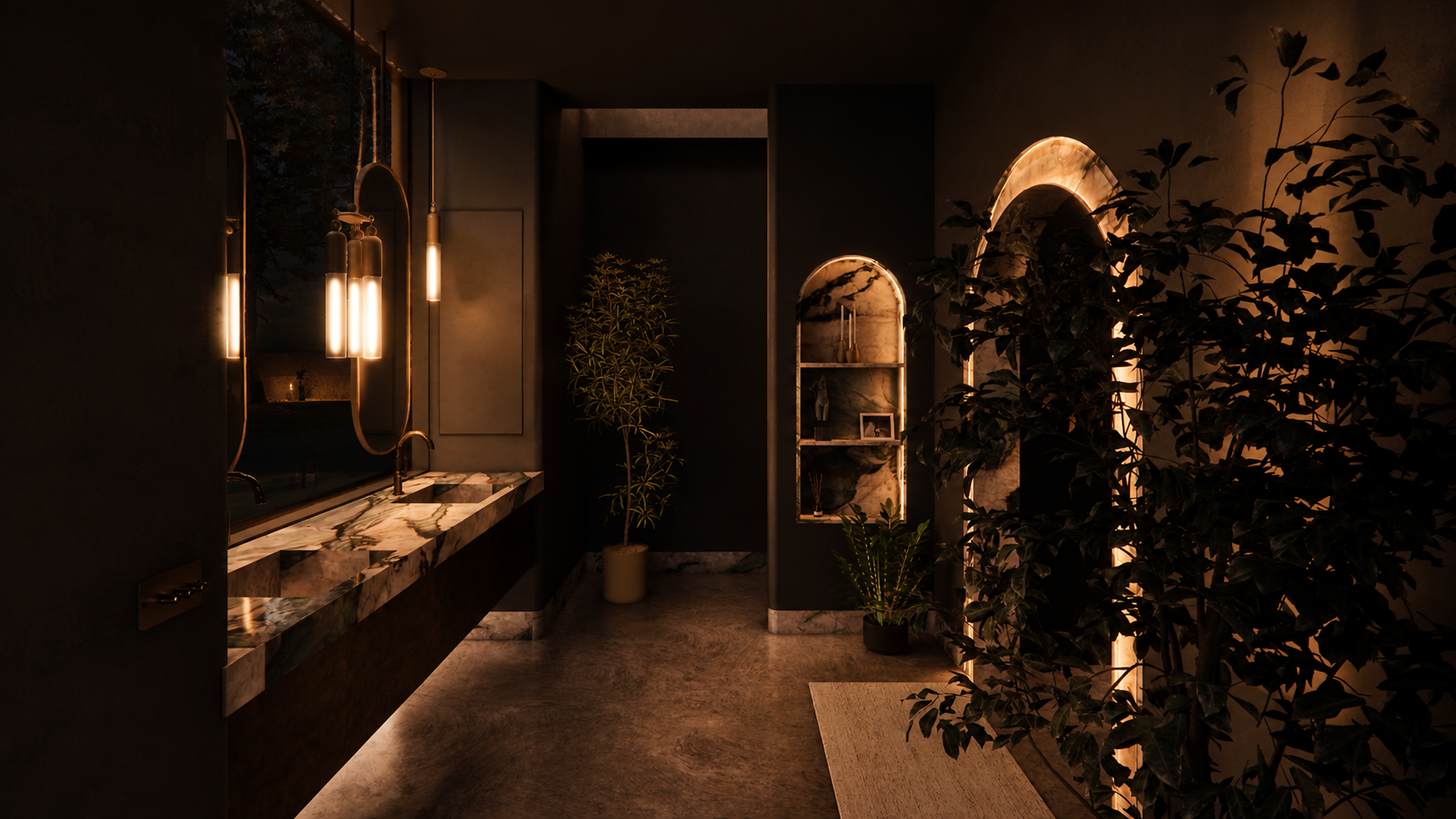 Primary Bathroom- Venetian plaster, a floating stone vanity, aged-brass detailing, and full-height glazing create a quieter interpretation of the home’s material language. The space is designed to feel private, tactile, and closely connected to the l