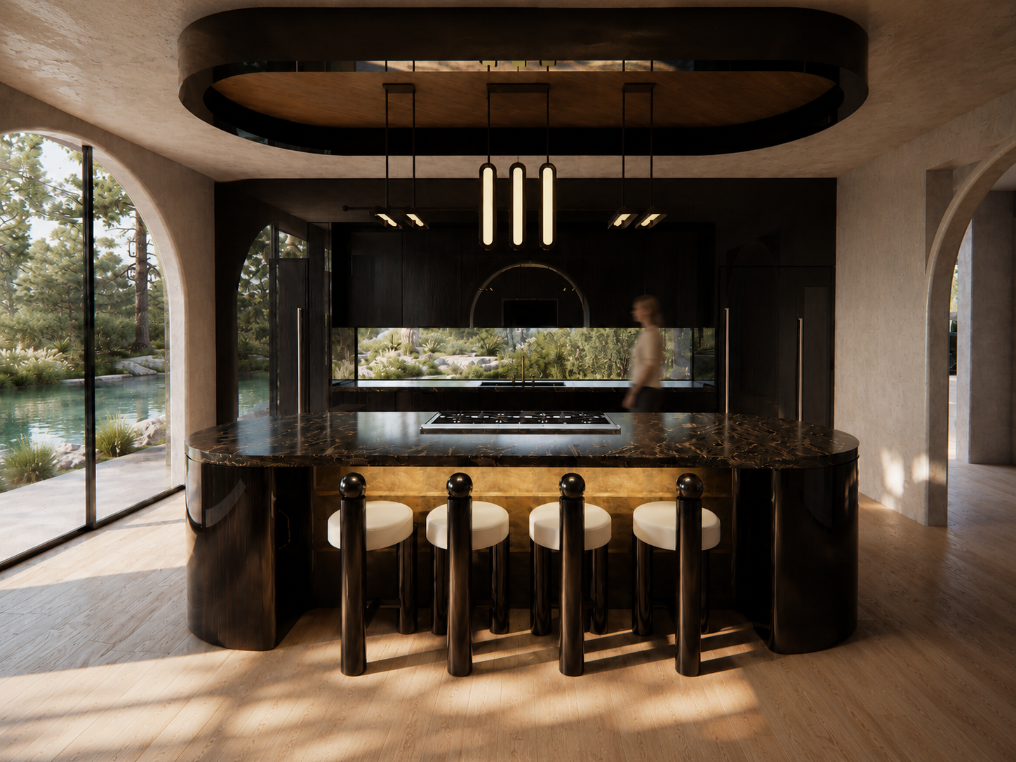 Kitchen - Lacquered-walnut millwork carries the furniture language of the great room into the kitchen. Sculptural stone surfaces and a burnished-brass island detail add contrast while maintaining a cohesive, highly crafted palette.