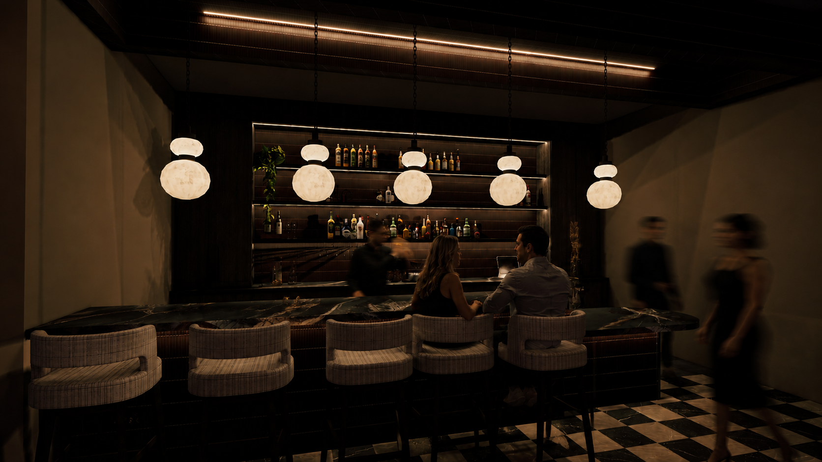 Bar Area — A moody extension of the dining experience, combining dark marble, deep red tile, warm wood tones, and atmospheric lighting for a more sophisticated social setting.
