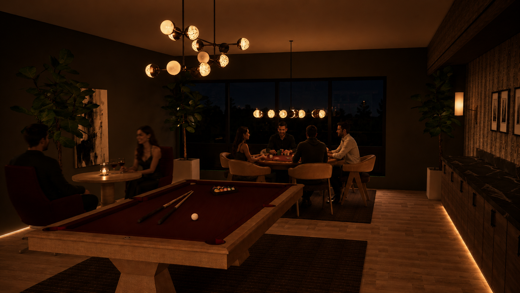 Game Room — A speakeasy-inspired social space featuring rustic white oak, deep merlot accents, custom game tables, and layered finishes that create a relaxed yet elevated atmosphere.
