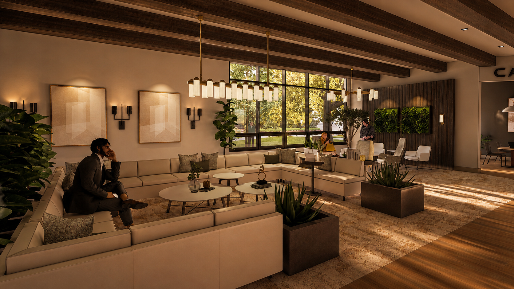 Lounge — A comfortable communal space centered around generous seating, layered lighting, and natural daylight, encouraging conversation, relaxation, and informal gatherings.