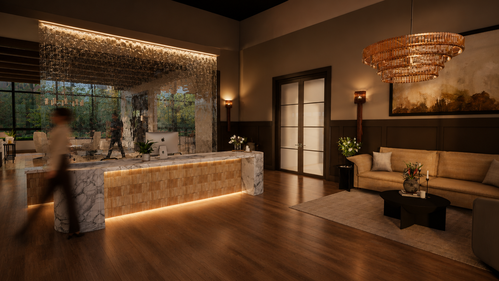 Lobby — A hospitality-driven arrival experience featuring a sculptural water element, custom reception desk, statement lighting, and refined furnishings that establish the project’s welcoming character.