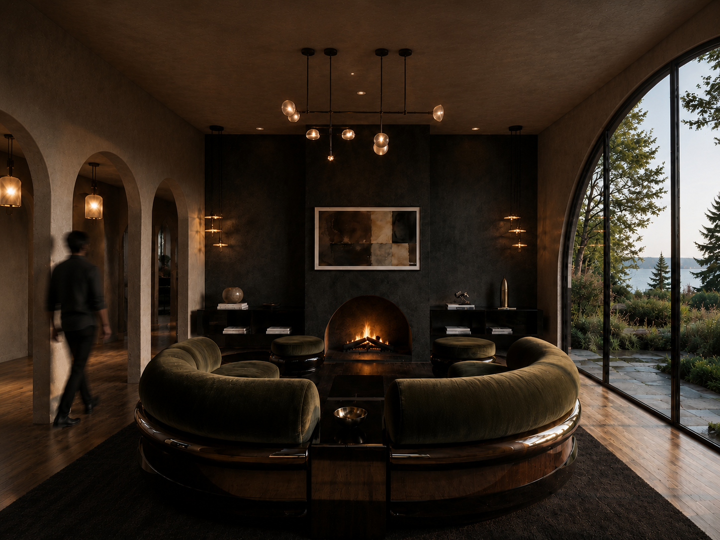Great Room - The Galerie Nainoa sofa serves as the material anchor for the space, pairing tactile upholstery with a rich lacquered-walnut finish. Plaster walls, stone, and warm metal details reinforce the room’s grounded, collected character.