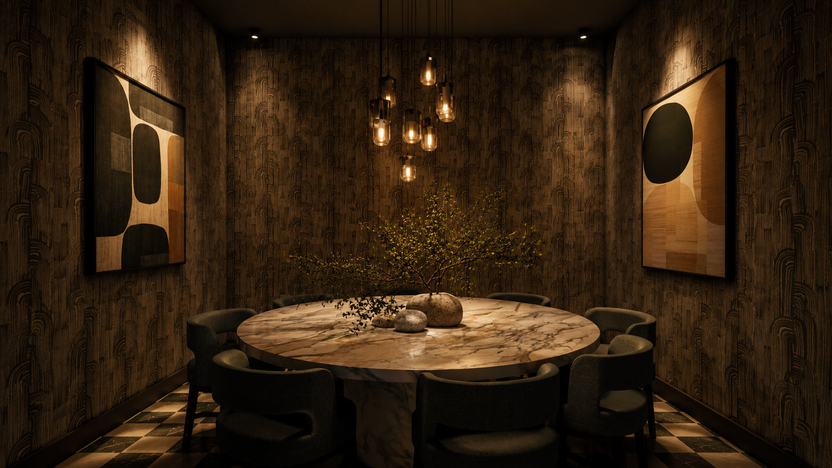 Private Dining Room — An intimate dining setting defined by decorative wallcovering, a dark bronze ceiling, sculptural lighting, and a custom marble table for resident and family gatherings.
