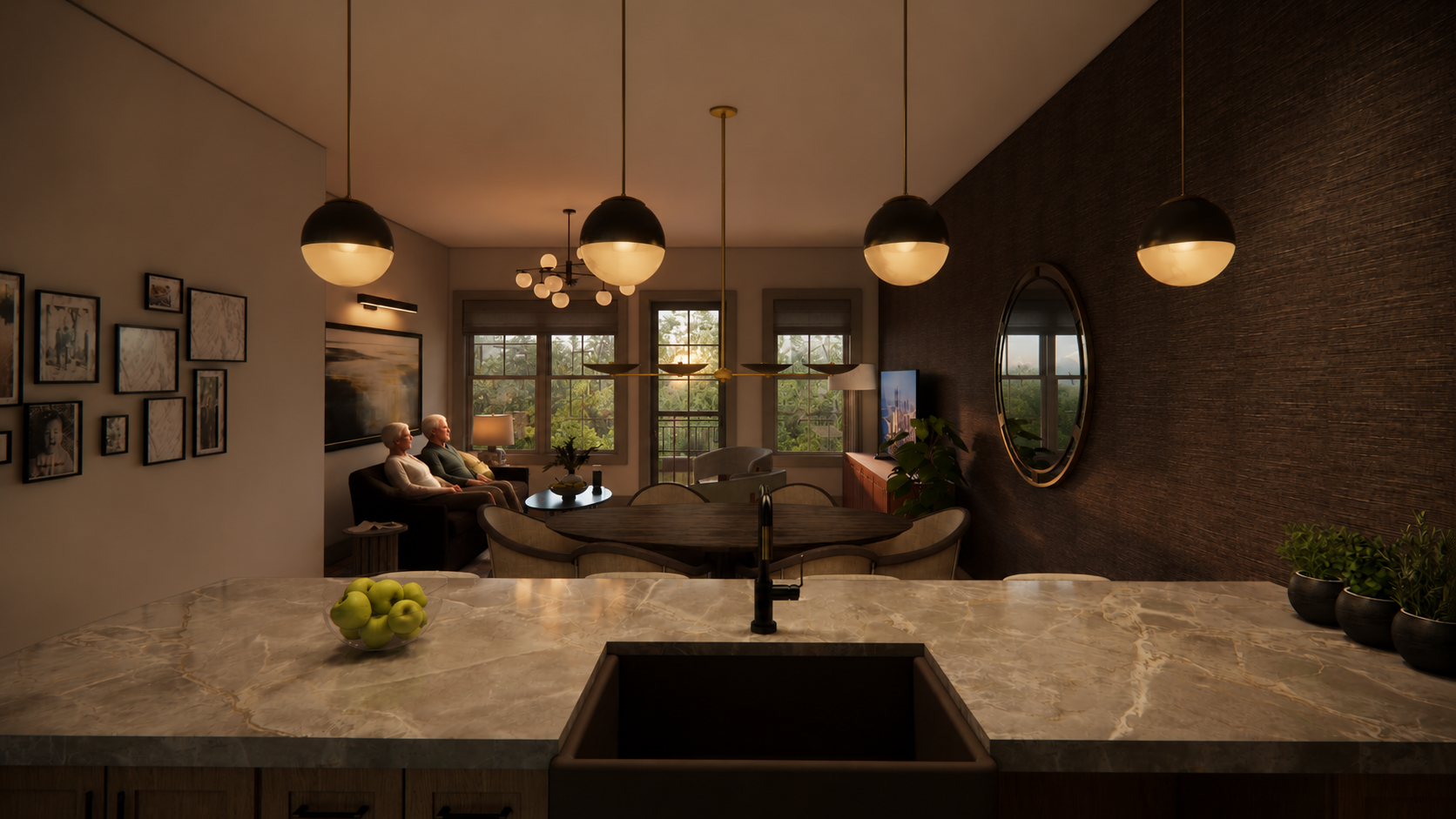 Apartment Living Room — Viewed from the kitchen, the open living space creates a clear visual connection between cooking, dining, and relaxation while supporting natural light, comfortable seating, and intuitive circulation.
