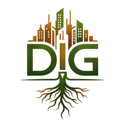 Logo for Development Intelligence Group with 'DIG' and a city skyline emerging from the top, roots extending from the bottom.