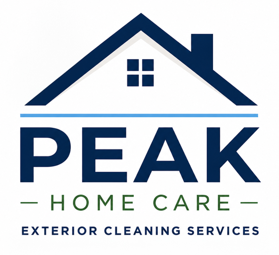 Logo for Peak Home Care featuring a stylized house with a blue roof and window, and text indicating exterior cleaning services.
