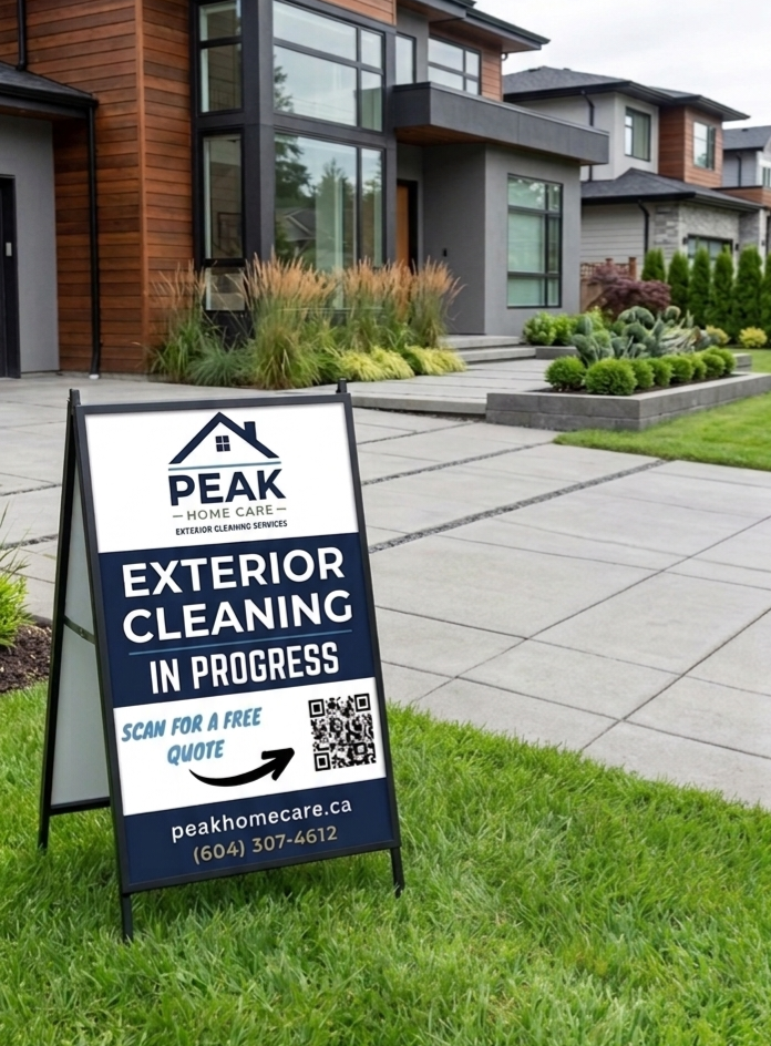 Peak Home Care branded lawn sign displaying exterior cleaning services and a QR code in front of a modern residential property.
