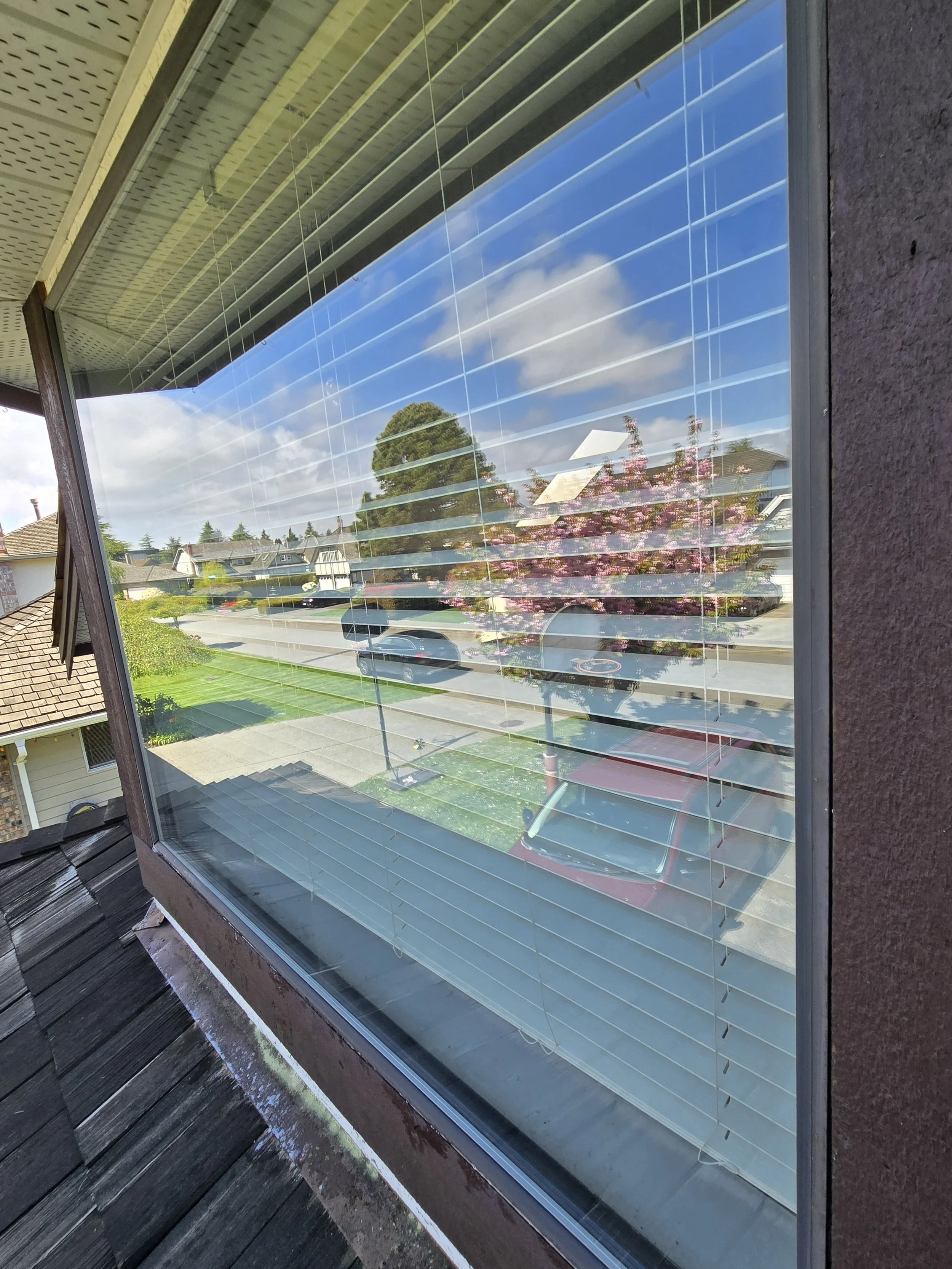 Reflection of a tree, pink flowering bushes, and houses in a large glass window with horizontal blinds. The window is part of a building with dark brown exterior walls and a shingled roof.