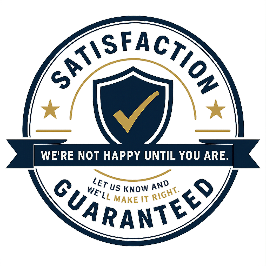 Badge with the words 'Satisfaction Guaranteed' and a shield with a checkmark. Includes the phrases 'We're not happy until you are,' 'Let us know and we'll make it right.'