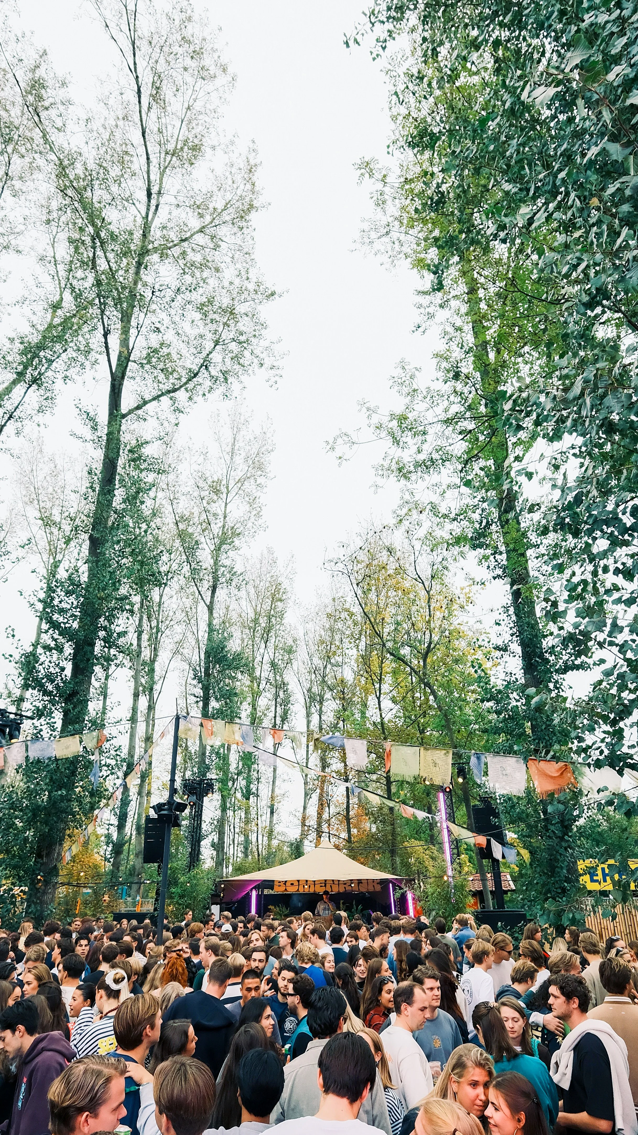 Een druk muziekfestival in een bos met een groot publiek, een podium met band, vlaggen en geluidssystemen, omgeven door bomen en een items tent.