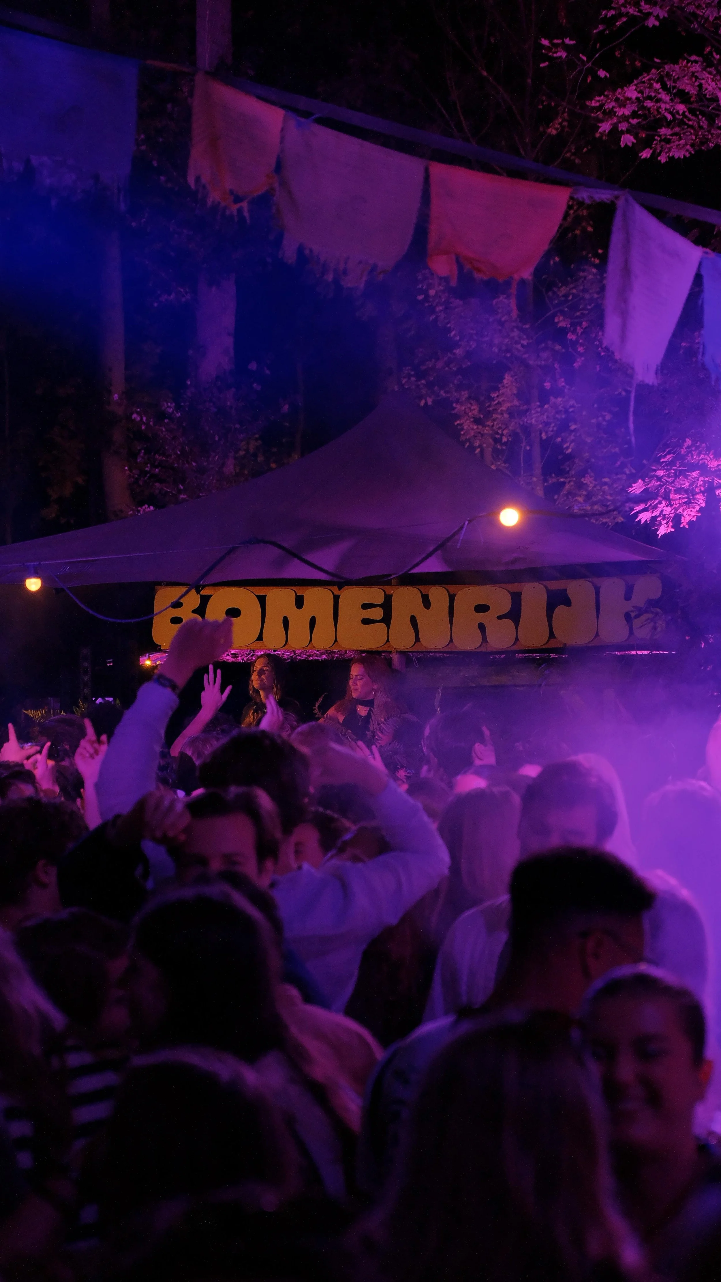 Een drukke buitenfeest met een menigte mensen die naar het podium kijken. Er hangt een spandoek met de naam 'BOMENRIJK' en in de achtergrond hangen vlaggen. Er is een tent en kleurrijke verlichting, met mensen die dansen en plezier hebben.