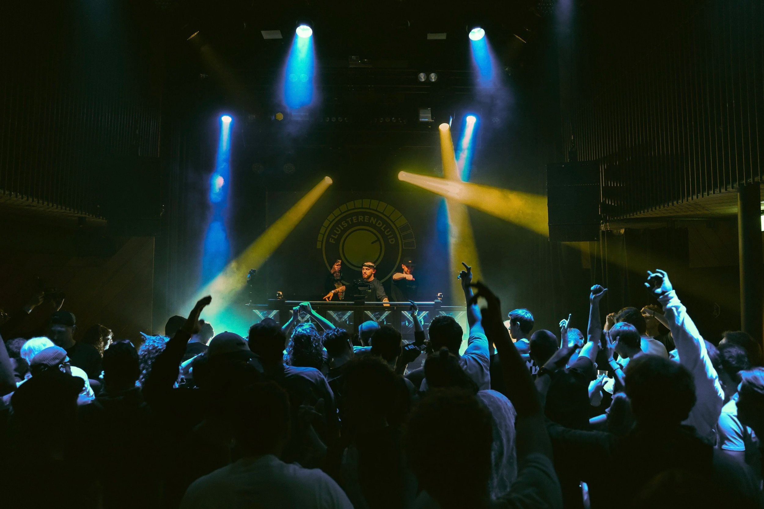 A concert scene with a DJ performing on stage, illuminated by blue and yellow stage lights, with a large crowd of people dancing and raising their hands in front of the stage.