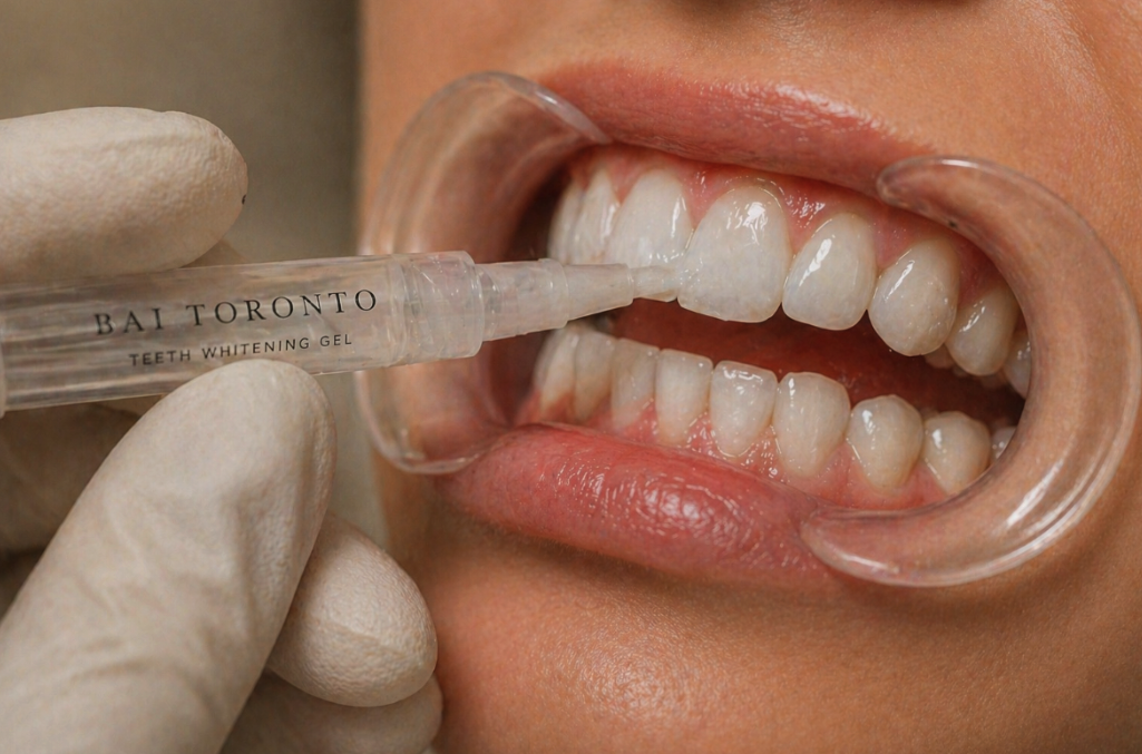 Close-up of a person's mouth with a dental professional applying a teeth whitening gel with a syringe, wearing gloves.