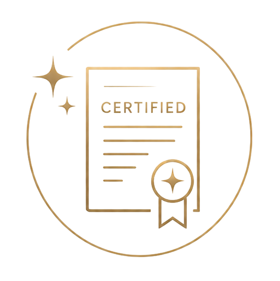 White checkmark inside a circle with a scalloped edge badge on a black background.