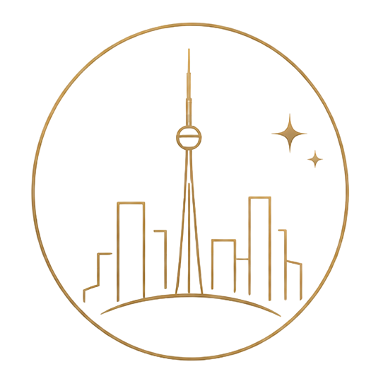 Outline drawing of a city skyline with a prominent tower and several high-rise buildings.