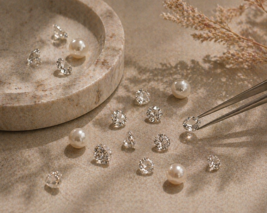 Assorted pearls and diamonds on a beige surface with a marble dish and tweezers, with dried grass in the background.