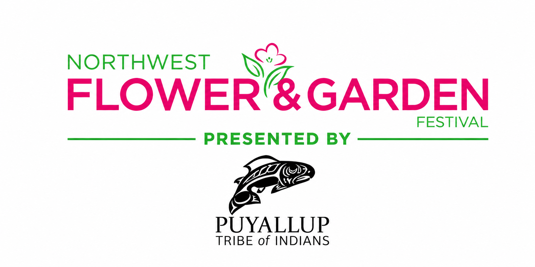 Logo for the Northwest Flower & Garden Festival, presented by Puyallup Tribe of Indians, featuring a pink flower and green leaves.
