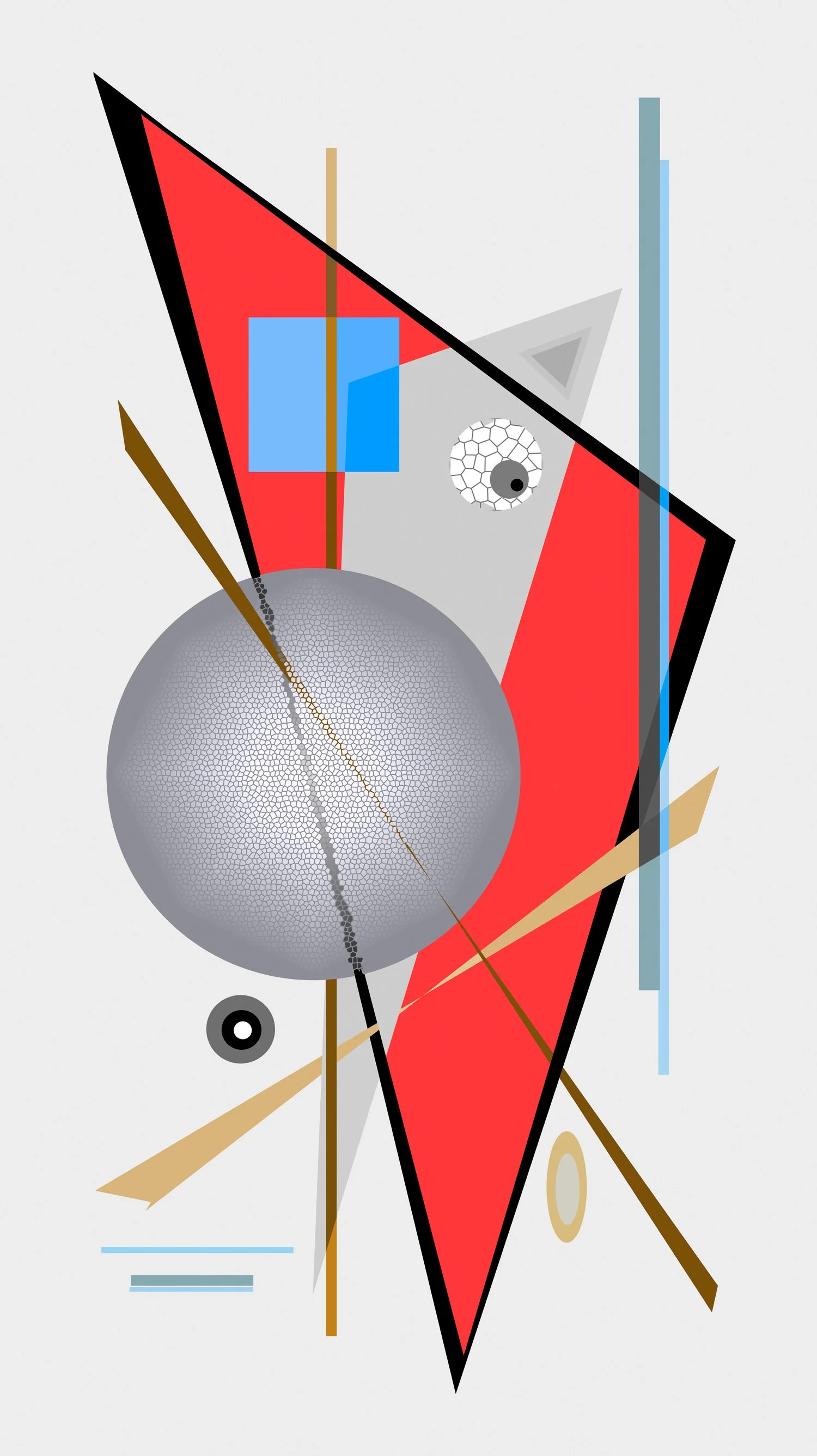 Abstract geometric artwork with a large gray sphere, red triangle, black and gold lines, blue rectangles, and black and white circular patterns on a light gray background.